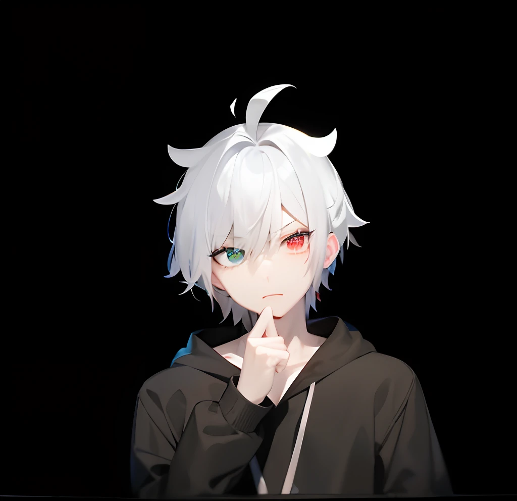 White background，Anime boy with white hair and black hoodie, he had,Silver hair，Heterochromic pupils，white haired Cangcang, scowling，2 d anime style, live2d virtual youtuber model, made with anime painter studio, White-haired god, kaworu nagisa, Detailed anime soft face, young anime man, Male anime style, anime style character,