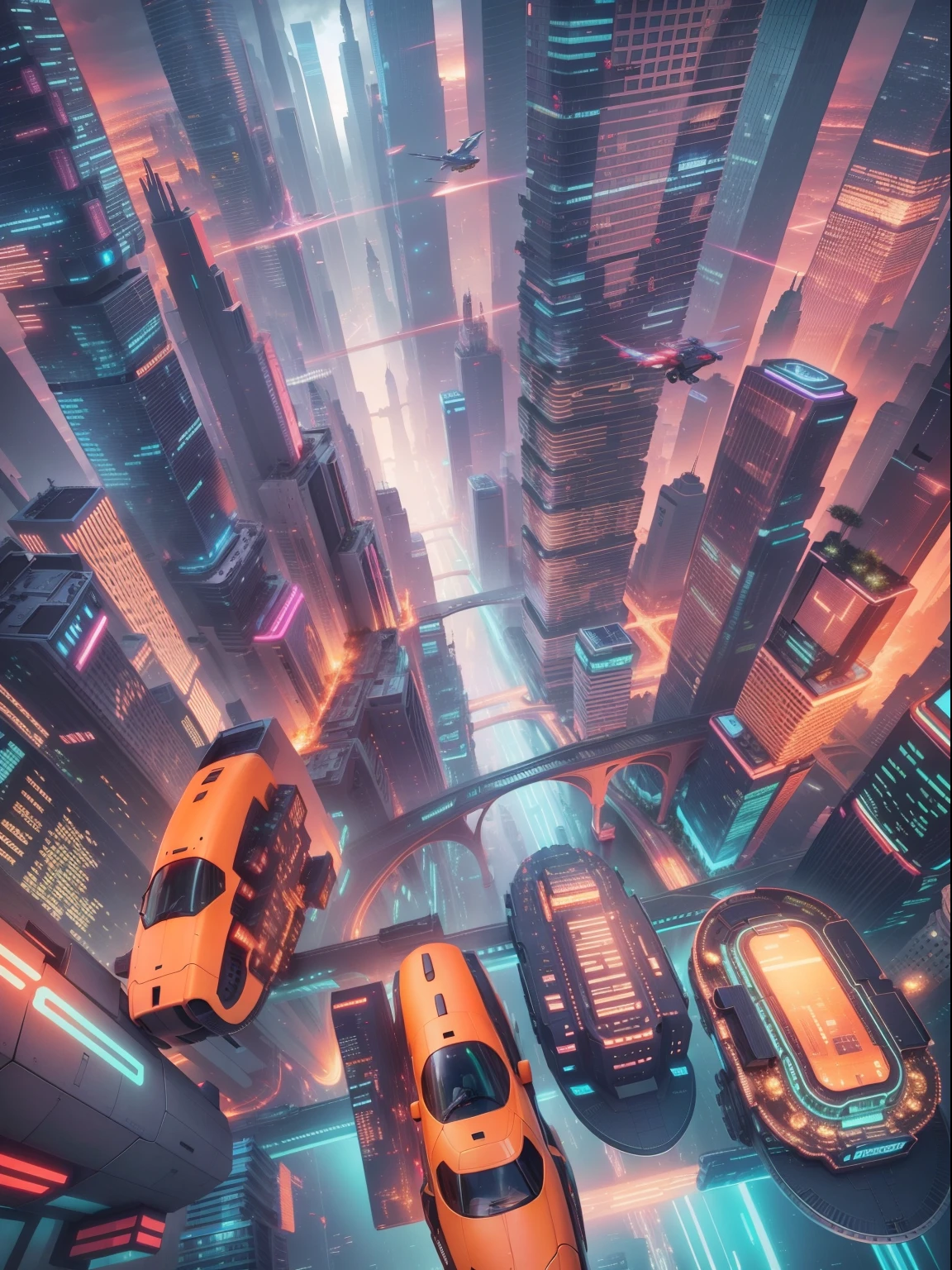 Futuristic cityscape with flying cars and colorful skyscrapers