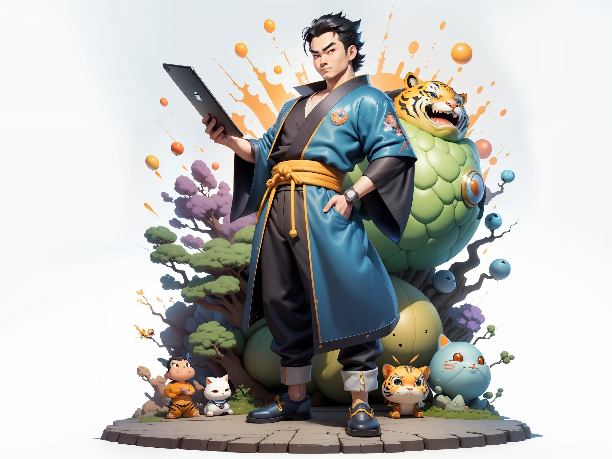 (Masterpiece), (Excellent), (Super Meticulous), (Full Body: 1.2), Super Young Man, Oriental Face, Japanese Kimono, Japanese Wind Thunder God, Dragon, Tiger, TV Anchor, Bust Portrait Illustration, Alone, Black Suit, Blue Tie, Slightly Chubby Face, Very Clean Face, No Beard, Black Super Short Hair, Black Eyes, Confident Smile, 3c Computer Sub-Products, iPad, iPhone, Digital Painting, 3D Character Design by Akira Toriyama and Mark Claireden and Pixar and Hayao Miyazaki, The illustration is a high-definition illustration in 4K resolution with very detailed facial features and cartoon-style visuals.