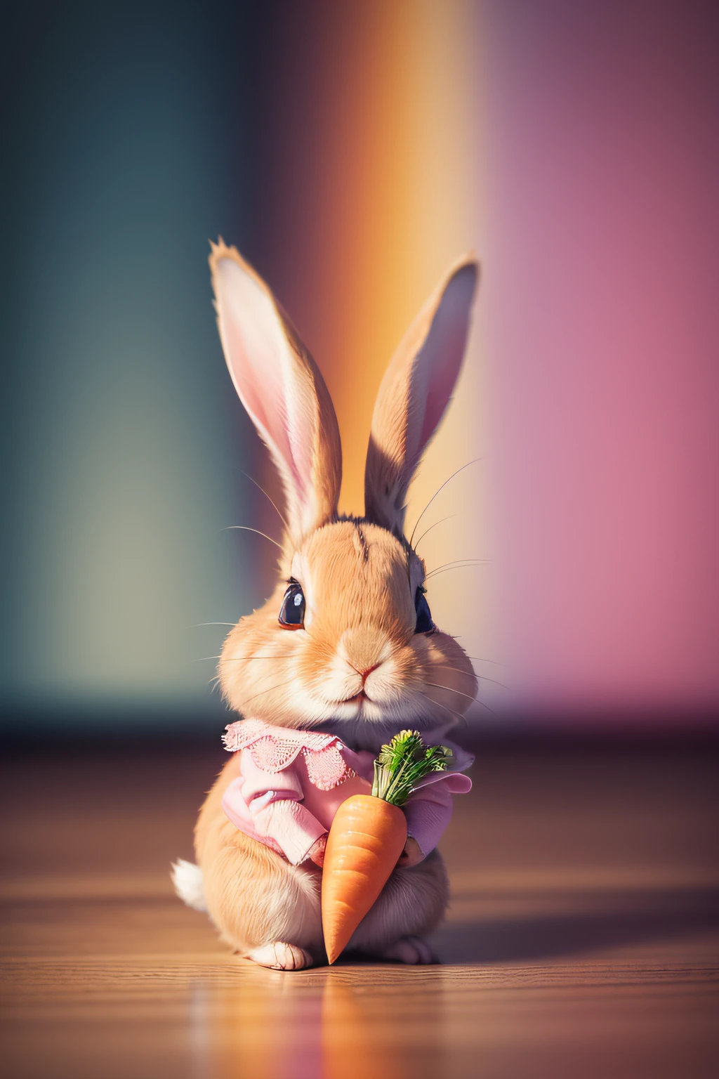 A rabbit,Wearing a pink dress,Holding a carrot,Cartoon pictures,Rainbow in background,Perfect lighting,super high precision,hyper qualit,Super clear,Super high detail,Super noise reduction,OC renderer,Pink chalet