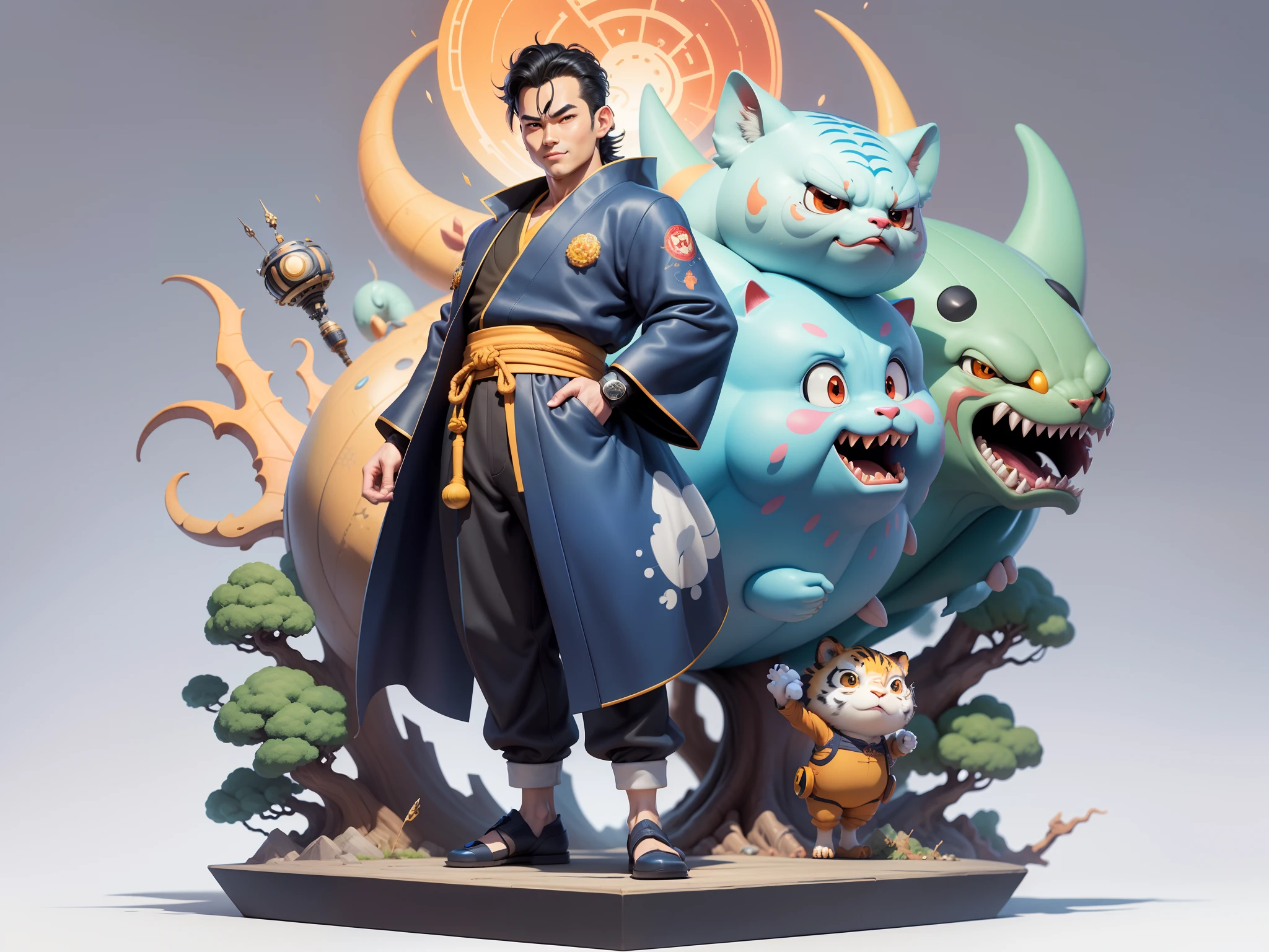 (Masterpiece), (Excellent), (Super Meticulous), (Full Body: 1.2), Super Young Man, Oriental Face, Japanese Kimono, Japanese Wind Thunder God, Dragon, Tiger, TV Anchor, Bust Portrait Illustration, Alone, Black Suit, Blue Tie, Slightly Chubby Face, Very Clean Face, No Beard, Black Super Short Hair, Black Eyes, Confident Smile, 3c Computer Sub-Products, iPad, iPhone, Digital Painting, 3D Character Design by Akira Toriyama and Mark Claireden and Pixar and Hayao Miyazaki, The illustration is a high-definition illustration in 4K resolution with very detailed facial features and cartoon-style visuals.