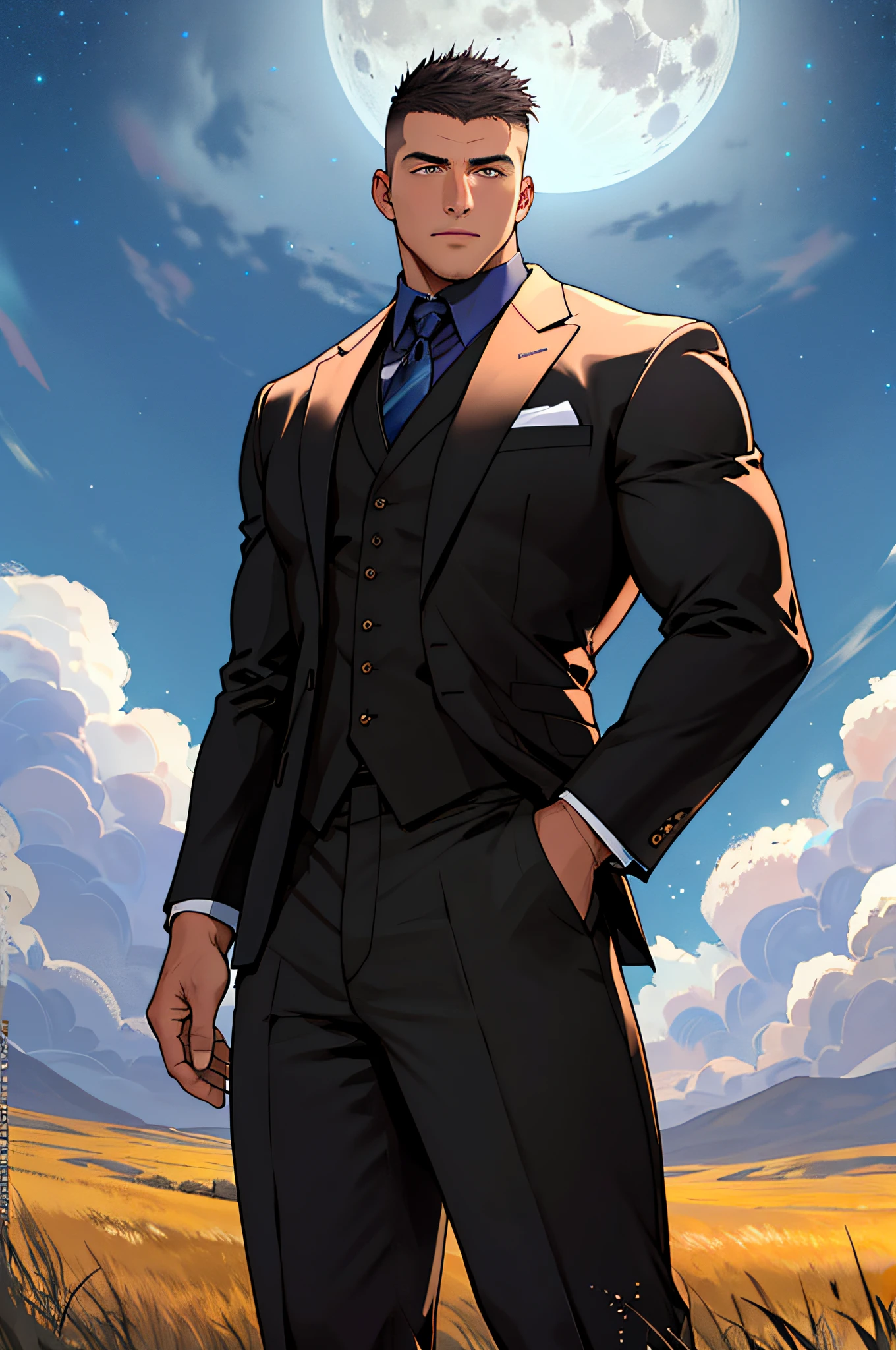 Draw a full-fledged footballer，Standing on the steppe at night，He wears an expensive handmade cropped suit，The man looks confident and determined，looking-down，Crew cut，full bodyesbian，Stars dot the sky，shooting from below，Big moon highlights background