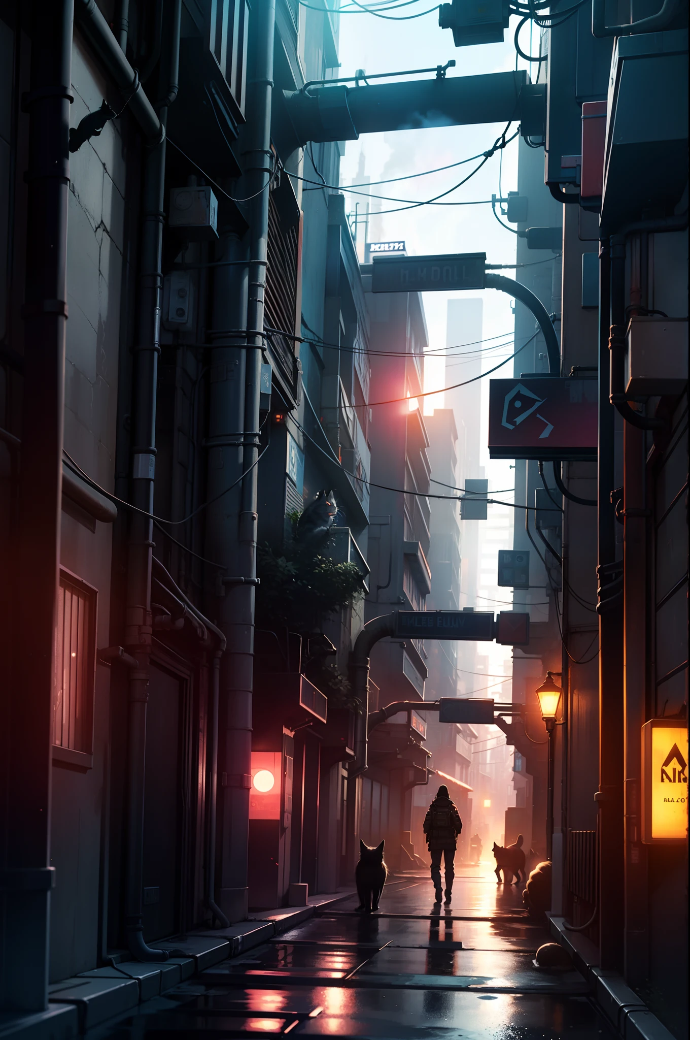 (((high detail))), best quality, cyberpunk alley, background, cat, pipes, smoke, drizzle, night