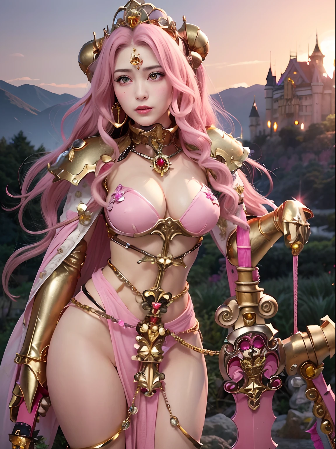 (masutepiece), Professional , masterpiece、top-quality、photos realistic , depth of fields (Gemstone Silver Metal Body:1.9),(Matte Pink、Jewel Gold Weapon、(Gorgeous castle background)、(ultimate beauty girl)、(Jewel Metal Body:1.9),Gorgeous Jewel Metal Weapons , Detailed Sword of the Brave ,( Tears from the eyes) ,warhammer 40k , adepta sororitas,Detail and ornate jewel crown、独奏、Brown hair、(Gangle's forest background)、Beautiful Caucasian beauty、1a person、dynamic ungle,(((Diamond tiara with detail and luxury)))、a small face、Powerful poses、(Gorgeous castle background)、huge filesize、20 year old beautiful woman、Stand in the center of the screen、Thin female fingers、Straight long hair、Beautiful Caucasian beauty、