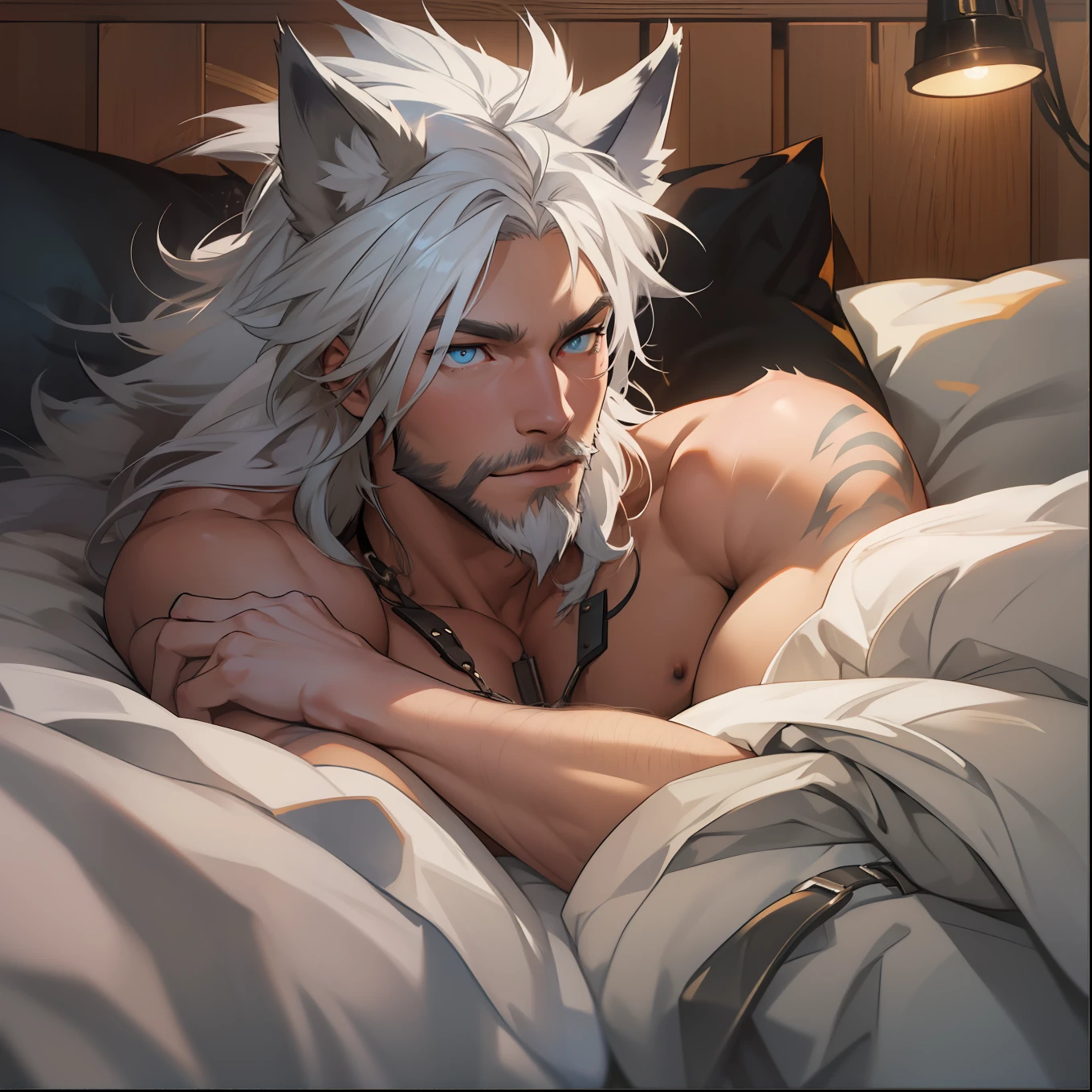 Muscular shirtless male, nude , naked, has cock out, holding cock, has huge cock, cum, cumming, naked, nsfw, lewd, porn, has long white hair, has wolf ears, has light beard stubble, has wolf tail, solo, alone, (SOLO)(ALONE) shirtless, no shirt, (SHIRTLESS)(NO SHIRT), covered in tribal tattoos, blue eyes, relaxing on bed, had pubic hair, pubic hair, hairy balls, very hairy