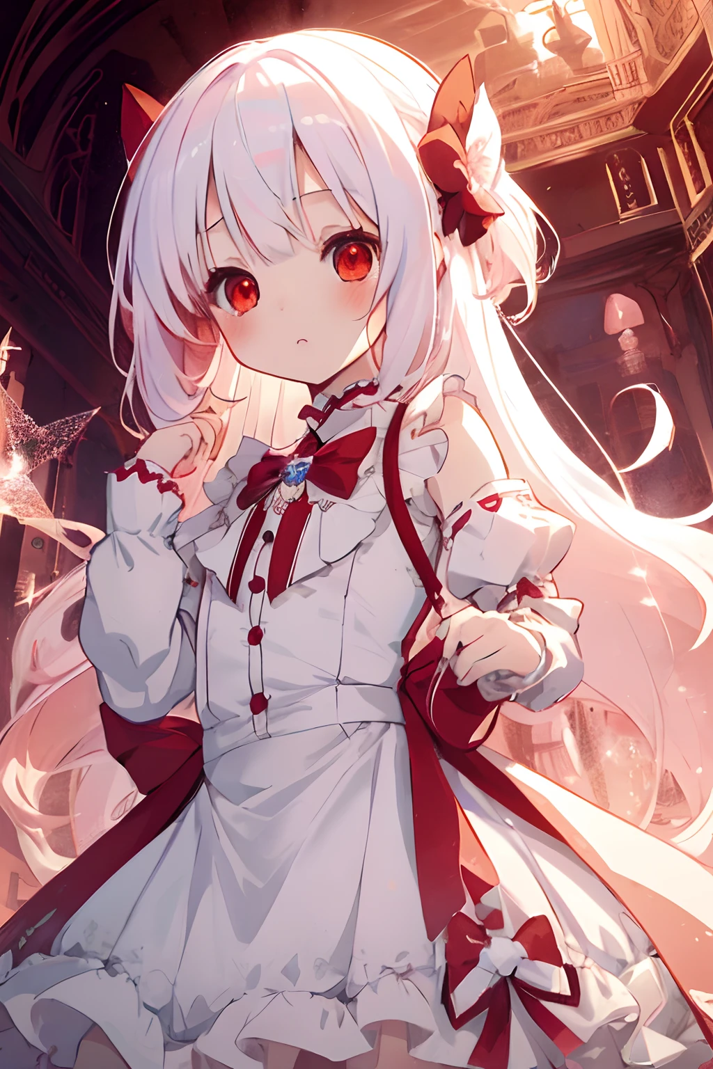 beautiful illustration, best quality, cute petit girl, (transform sequence), transform magical girl, chibi, white magical girl, fractal art, albino, babyface, long pure white and red mesh hair, beautiful detailed red eyes, cinematic lighting, cowboy shot, looking at viewer, from bottom, happy