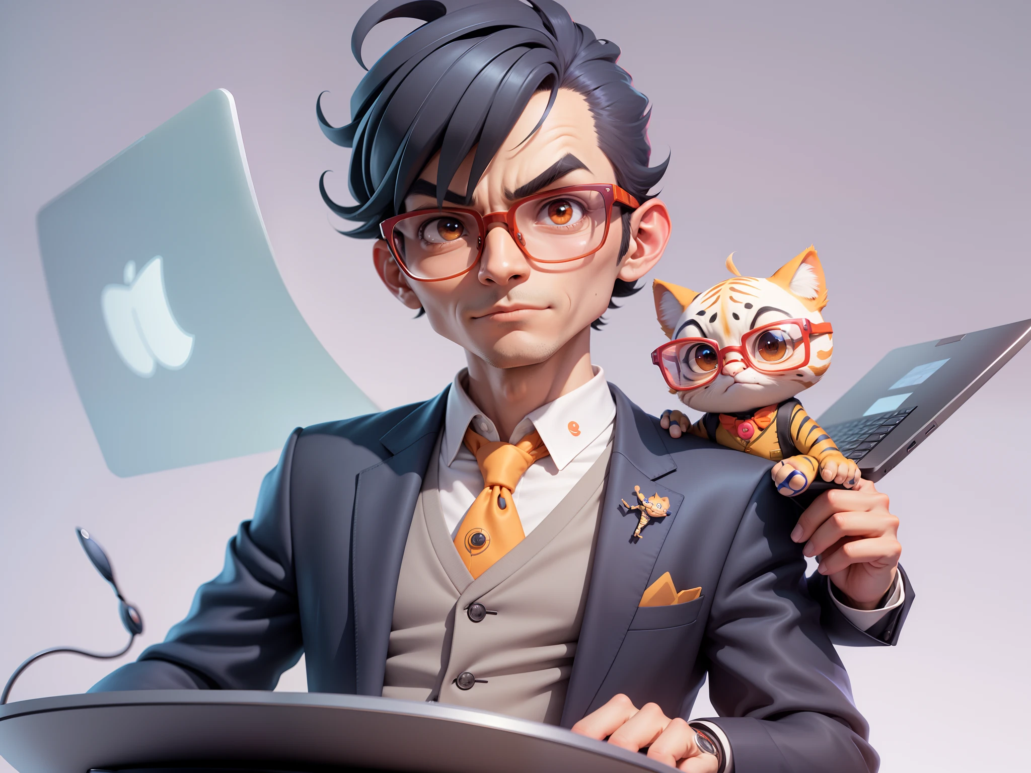 A young man in a suit, Short hair and glasses sat at his desk，holding laptop，digitial painting，tigre，3D character design by Mark Clairen and Pixar and Hayao Miyazaki and Akira Toriyama，4K HD illustration，Very detailed facial features and cartoon-style visuals。