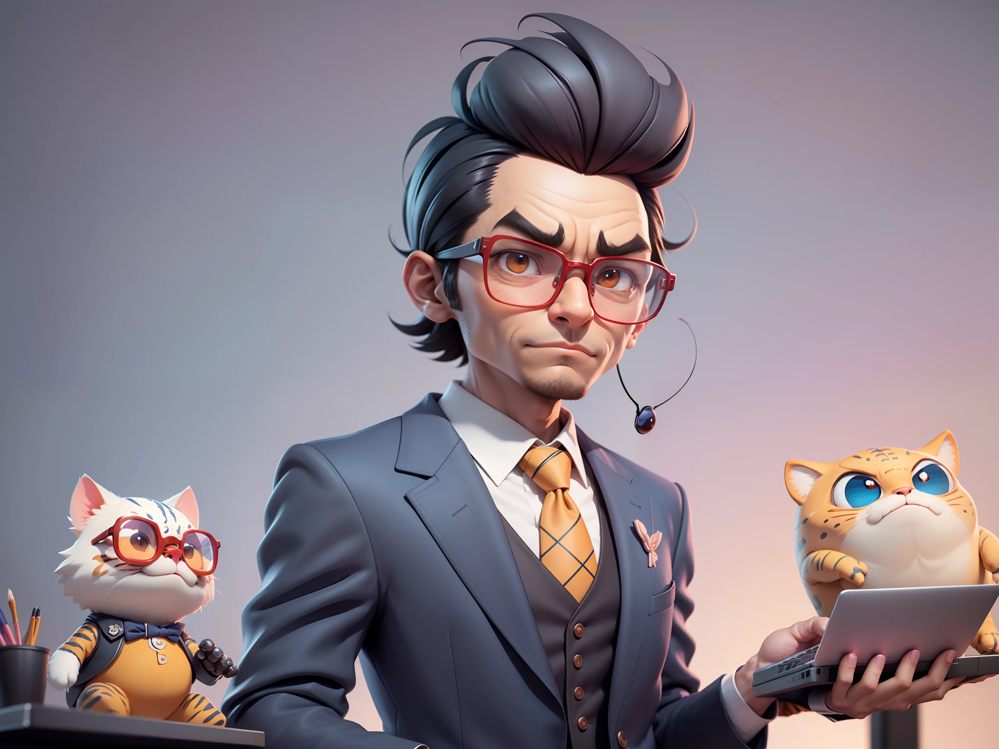 A young man in a suit, Short hair and glasses sat at his desk,holding laptop,digitial painting,tigre,3D character design by Mark Clairen and Pixar and Hayao Miyazaki and Akira Toriyama,4K HD illustration,Very detailed facial features and cartoon-style visuals。