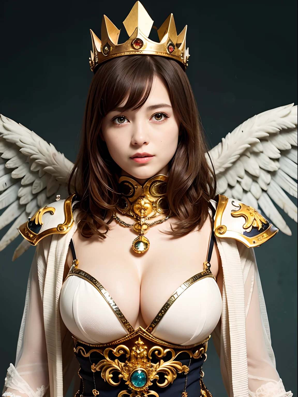(masutepiece), Professional , masterpiece、top-quality、photos realistic , depth of fields (Gemstone Silver Metal Body:1.9),(Matte White、(Brown hair long straight)、Jewel Gold Weapon、(Inside the old ruins),Gorgeous metal weapons,(Detailed and realistic angel white wings) , Detailed Sword of the Brave , Beautiful knife 、delicated face、20 years girl ,warhammer 40k , adepta sororitas,Detail and ornate jewel crown、a blond、(Gangle's forest background)、Beautiful Caucasian beauty、1a person、dynamic ungle,(((Detailed and ornate diamond crown)))、Smaller head、A smile、Powerful poses、Beautiful thin fingers of a woman、cleavage of the breast、