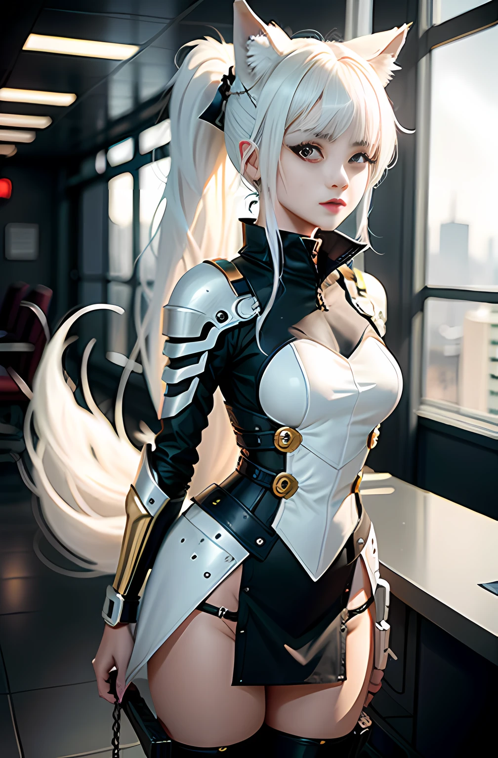 Wolf Ears Female Young Man Has a Steel Tail Golden Eyes Exoskeleton Sci-Fi, white hair, bangs, animal ears, crazy, fangs, colored inner hair, white hair, crossed bangs, long hair, ponytail, jitome, anime, drop shadow, character chart, anime style, ray tracing, drop shadow, pov, UHD, super detail, best quality, highres