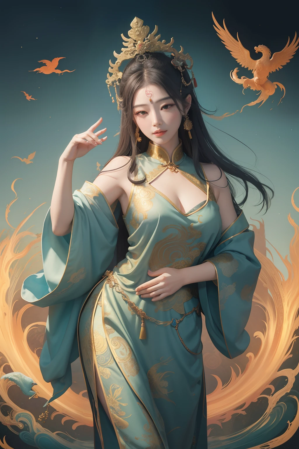 an ancient Chinese goddess, guanyin of the southern seas, Guanyin, Inspired by China, Avalokiteshvara rides a phoenix，,Serene expression,shui mo hua,Buddha,Buddhist,Lotus,Chinese painting style,Thangka style