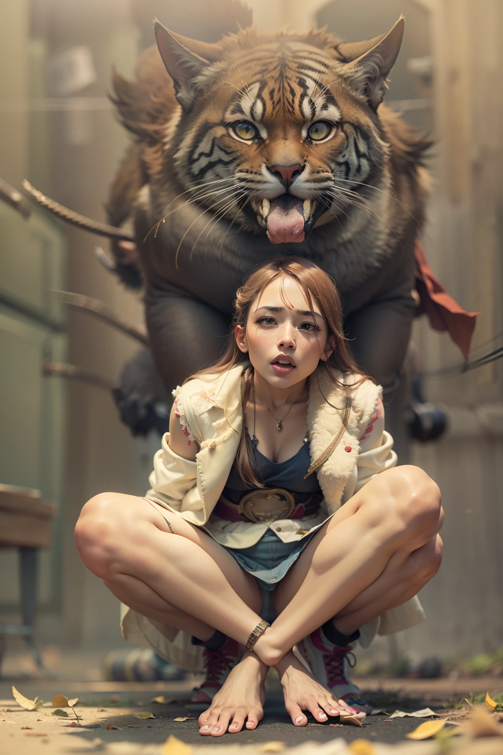 One with his legs open,Woman squatting on the ground,Tiptoe