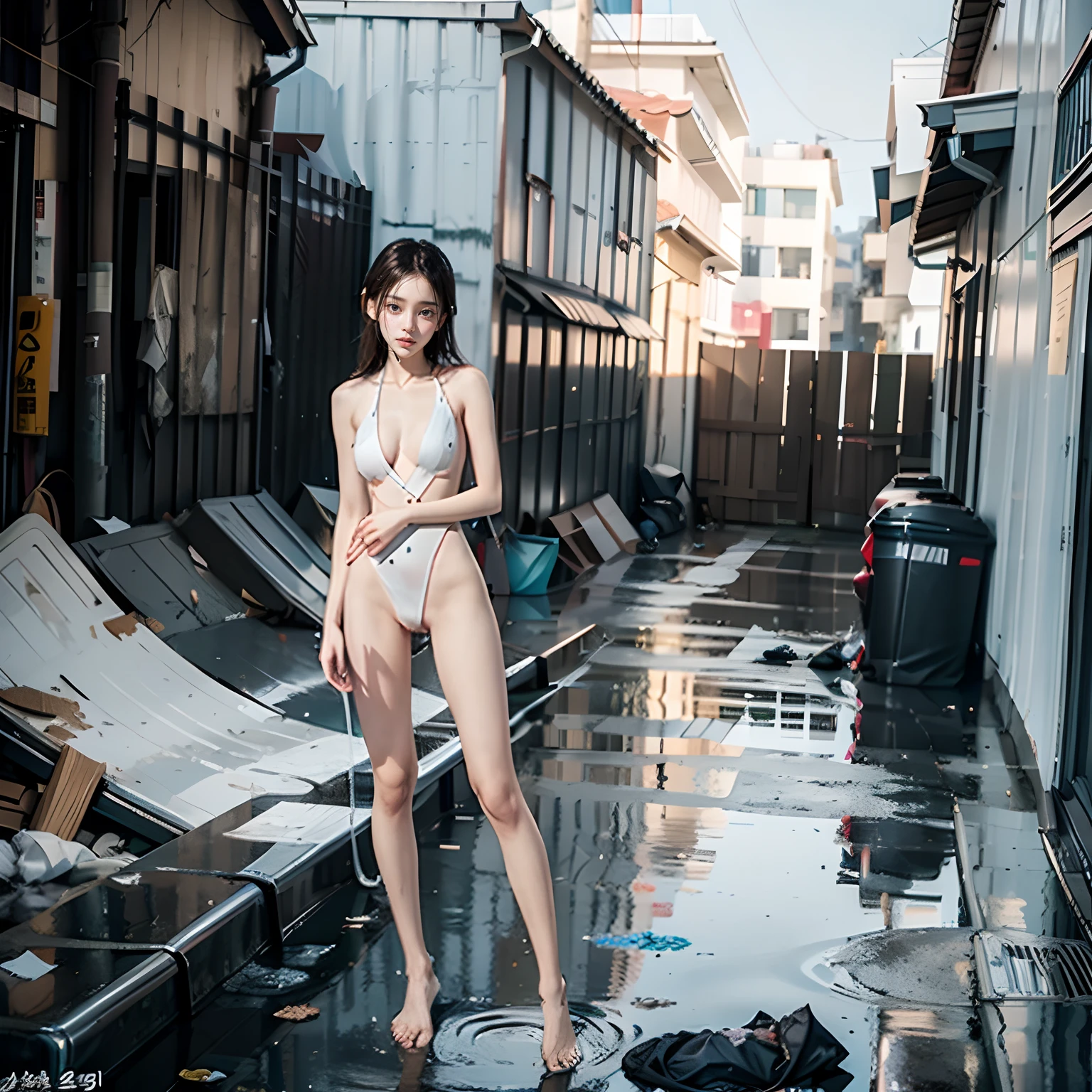 Abandoned dumps,Garbage all over the ground,Devastated,Dilapidated,Sexy standing pose,(Full body portrait 1.1),18 years old korean beauty,Random white sexy transparent bikini,(Slender and slender figure),Skinny,As thin as a whipping post,Smaller bust,(((Nudity all over))),(Reveal full breasts)((Wearing a naked))exhibitionists,Random exposure of genitals