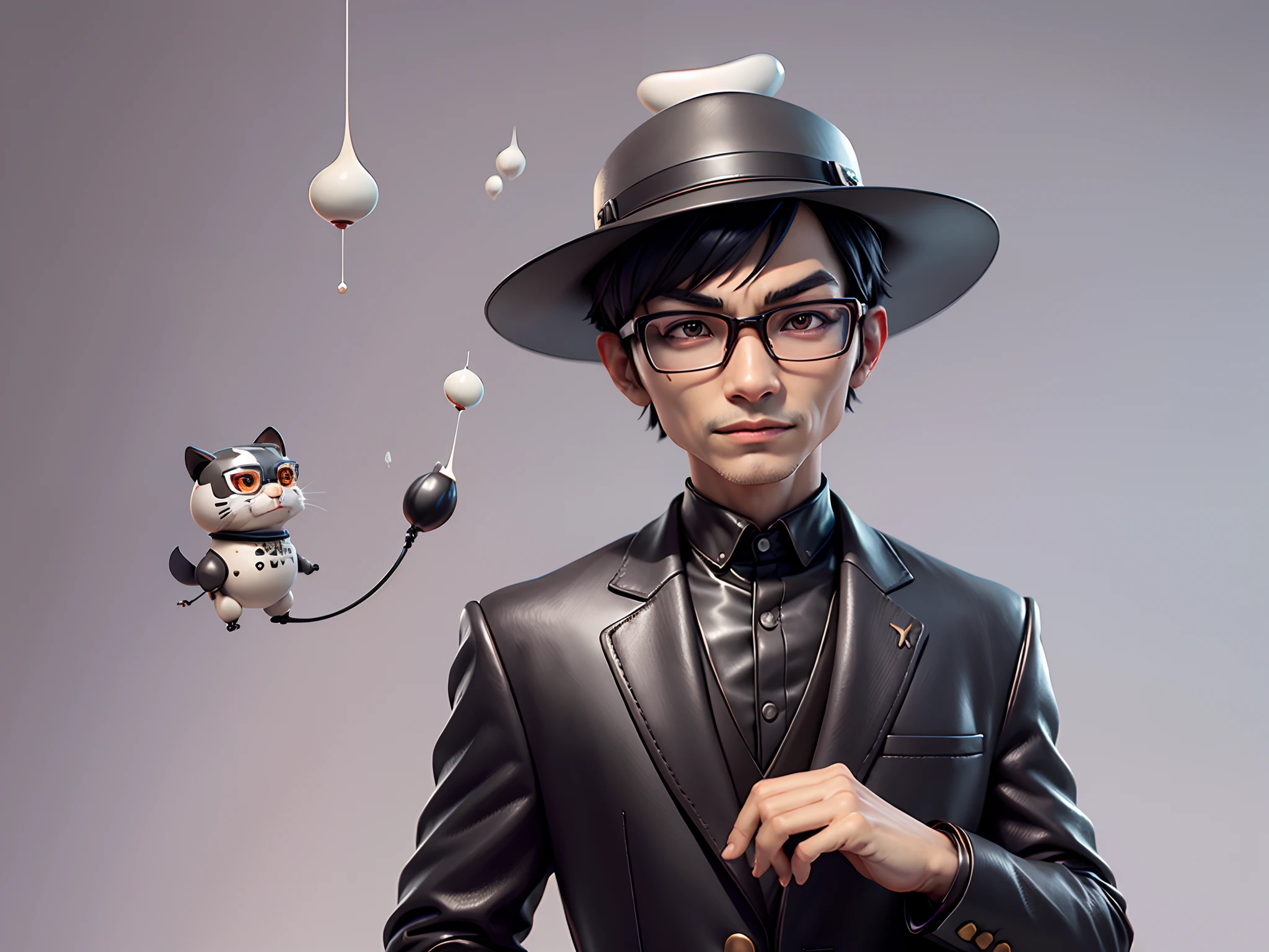 Young man with oriental face in leather hat, tiger, oriental face in formal suit, short black hair, silver glasses, digital painting, 3D character design by Mark Clairedon and Pixar and Hayao Miyazaki and Akira Toriyama, the illustration is a high-definition illustration in 4K resolution with very detailed facial features and cartoon-style visuals.