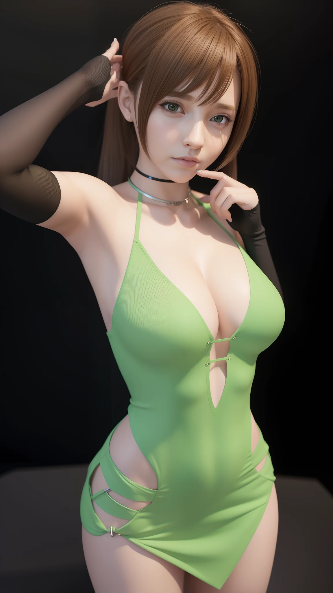 Realistic portraits, Surrealism female students, ultrarealistic digital art, hyper realistic digital painting, Emma Watson, ultra-realistic picture,Fashion girl posing for photo in green and white dress, with index finger, New Xiangcheng, hints of yayoi kasuma, yayoi kasuma, an oppai cyberpunk, photorealistic anime girl rendering, render of a cute 3d anime girl, anime styled 3d, Biomechanical OPPAI