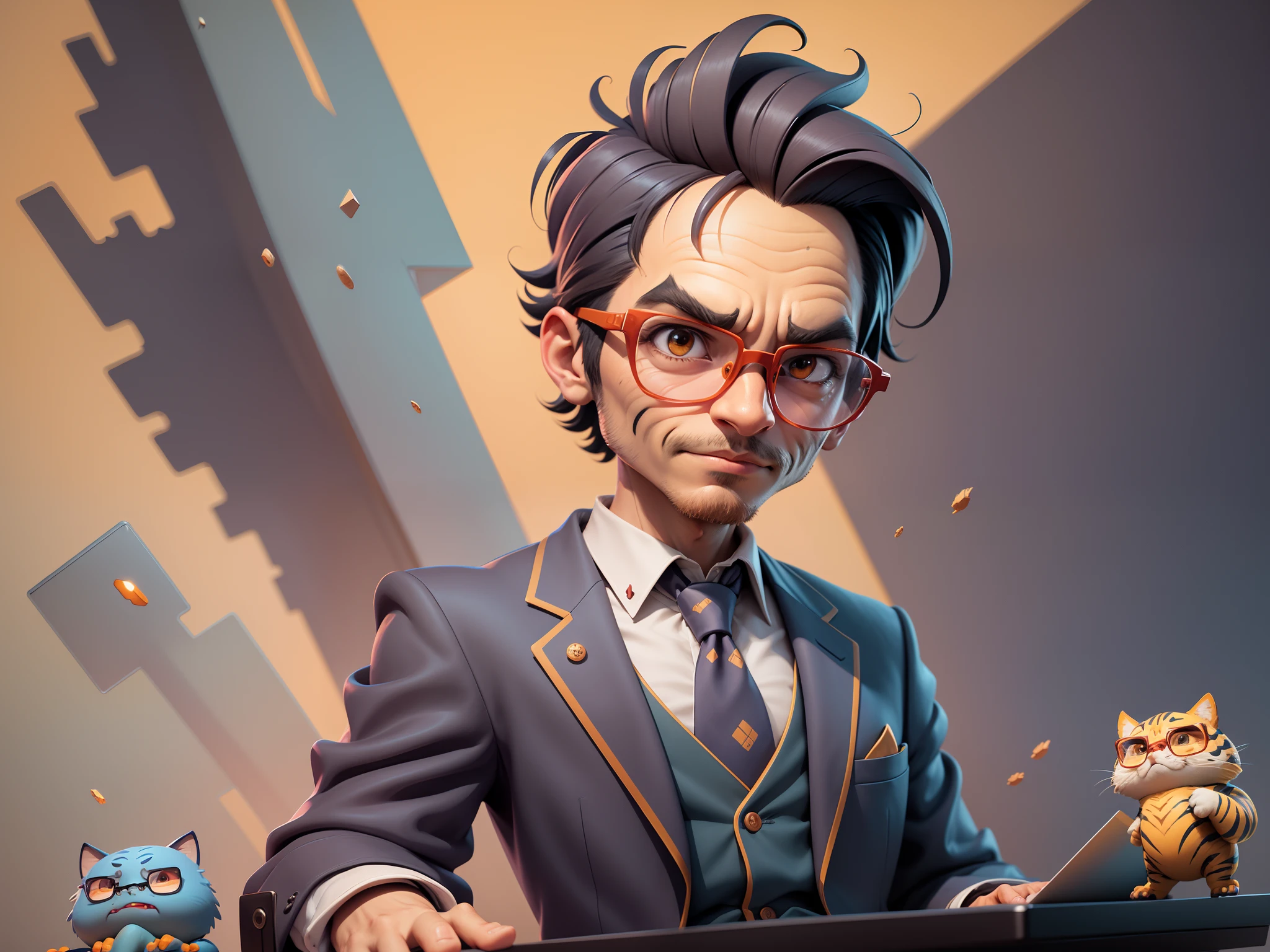 A young man in a suit, Short hair and glasses sat at his desk,holding laptop,digitial painting,tigre,3D character design by Mark Clairen and Pixar and Hayao Miyazaki and Akira Toriyama,4K HD illustration,Very detailed facial features and cartoon-style visuals。