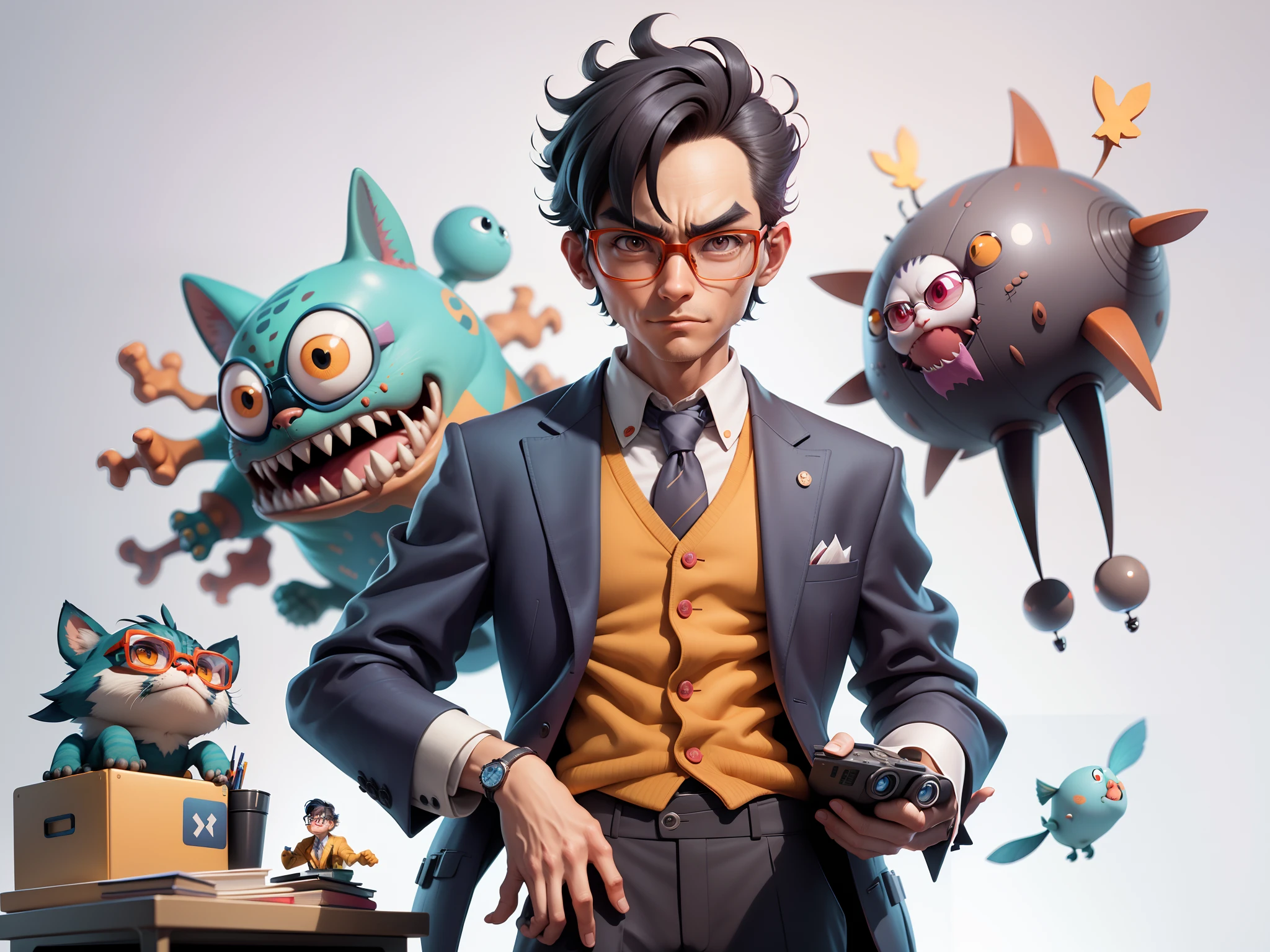 A young man in a suit, Short hair and glasses sat at his desk,holding laptop,digitial painting,tigre,3D character design by Mark Clairen and Pixar and Hayao Miyazaki and Akira Toriyama,4K HD illustration,Very detailed facial features and cartoon-style visuals。