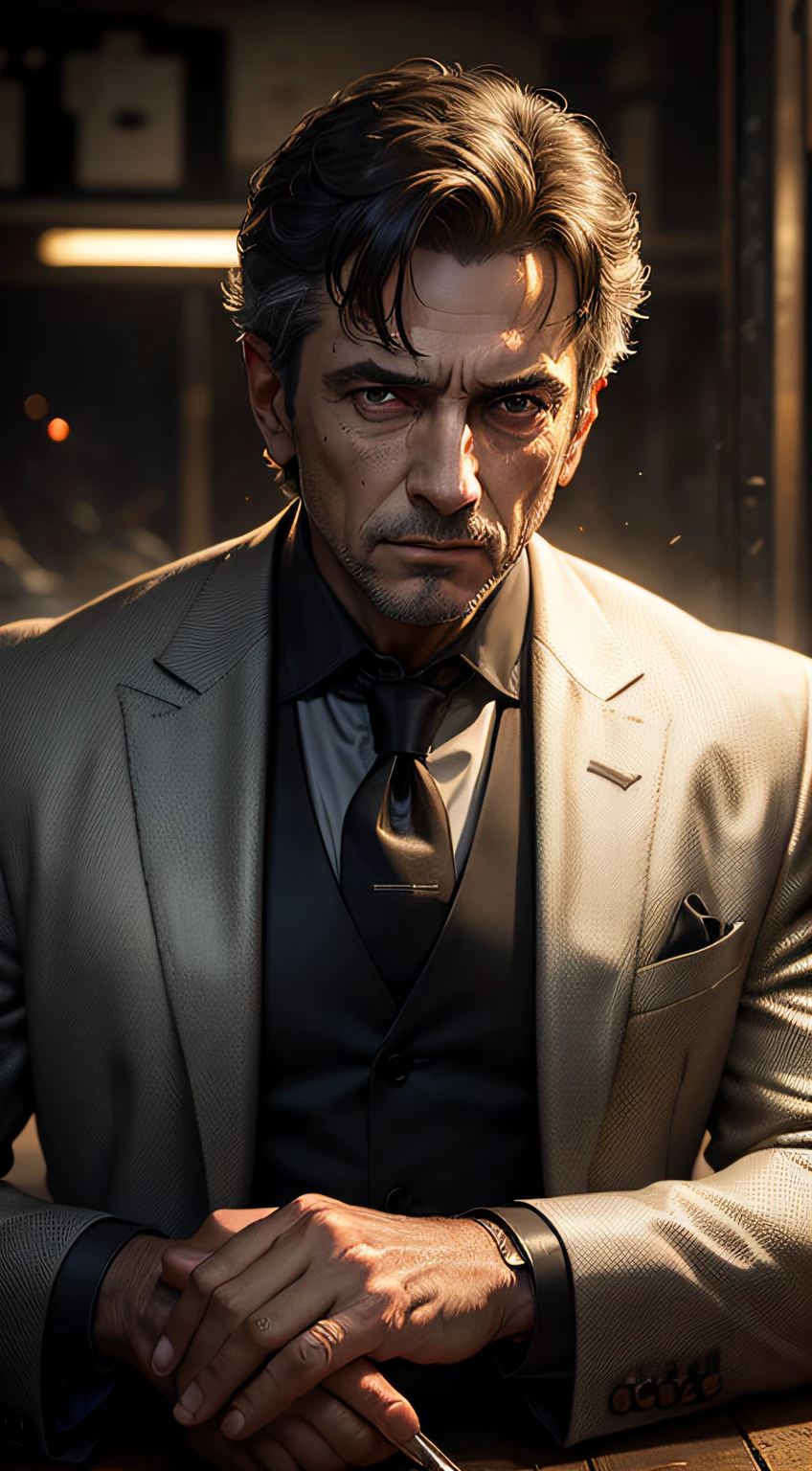 Award-winning photo of a mature man, Tony Montana, Scarface, cocaine, Silsian,(Realistic, photo-realistic:1.4),(Sharp focus:1.4),
(Detective:1.2), (Fancy suits:1.1), fake smile, (ultral detailed face and eyes:1.1), (Album art:1.1), Slum Cyberpunk, scowling, (Slum old garage:1.1), (Art punk:1.0), Unique posture, (Trigon:1.1), (Masterpiece:1.1), Best quality, run-down, hyper-high detail, (author：Antoine Blanchard和Casey Baugh:1.1), (author：Zdzislaw Beksinski:0.8), extremly intricate, Extreme detail, Ray traching, pondering, Beautiful lighting, (glaring lights:1.1), (High saturation clarity contrast, deep levels, Sharp, retouched, colorgrading:1.1), Soft lighting, Cinematic, (intense contrast:1.2),Dimly lit,,Burning,breathingfire, Explosion,Fiery tail,