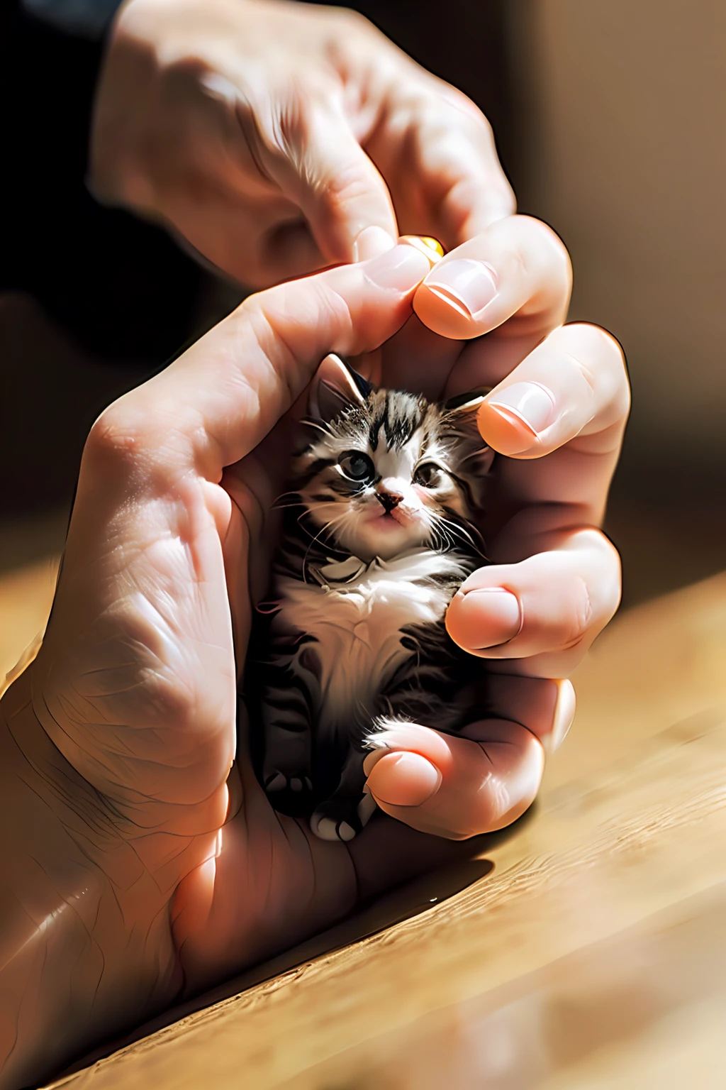 Someone was holding a kitten in his hand on a wooden table, miniature kitten, a cute little cat, cute cute, Holding a cat, Adorable, holding paws, Cute kitten, Cuteness, Cute cat, cute cute, with small cat on lap, cute cat photo, cute cute, Beautiful and cute, awww, the cutest kitten ever, cute animal