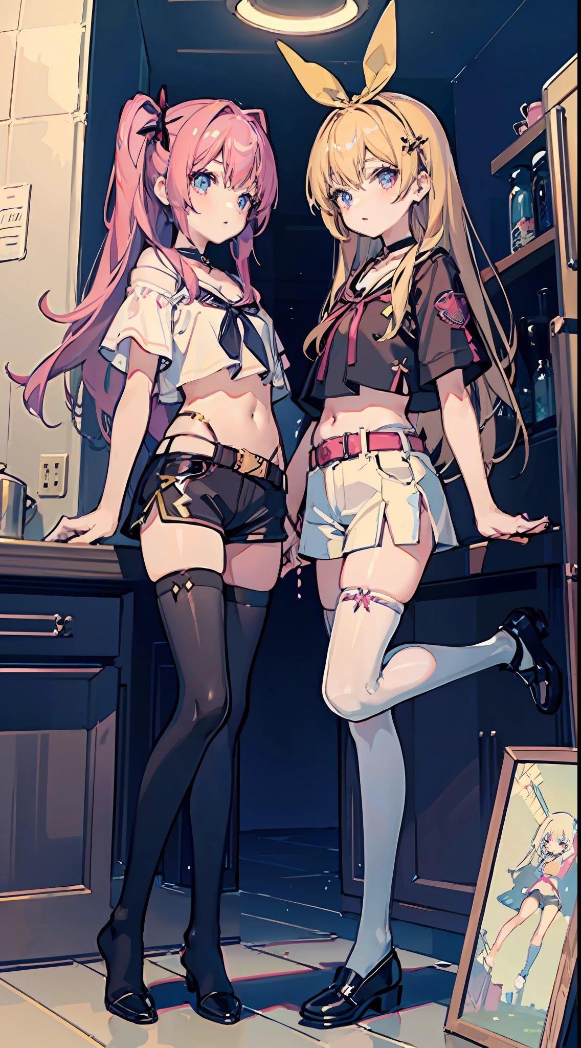 ,twins, Masterpiece,Best quality,offcial art,Extremely detailed Cg Unity 8K wallpaper, 2girls, cute female child, Yuri, hair adornments, Short shorts, Crop top, Pantyhose, ribbon_choker necklace, leg belt,