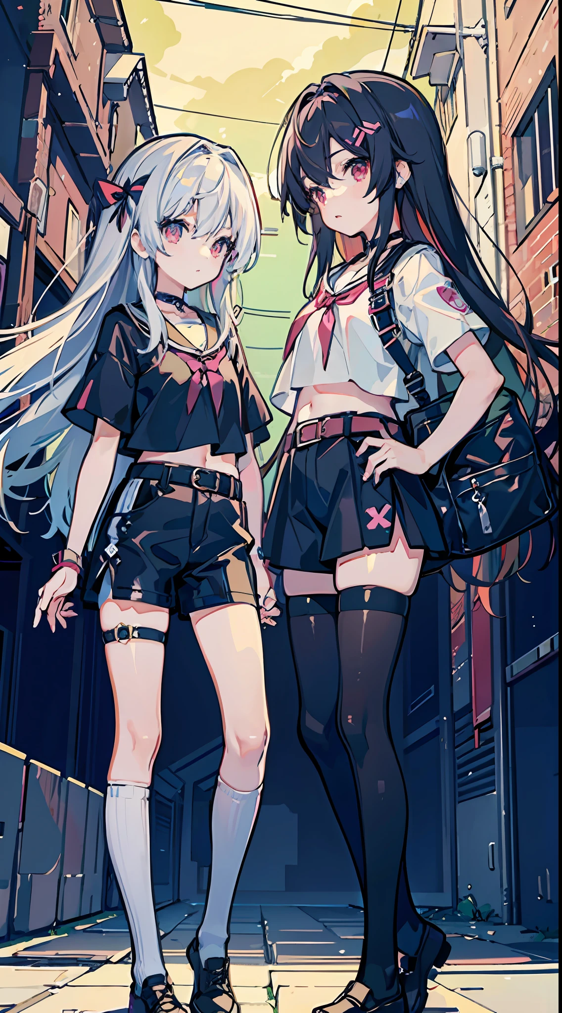 ,twins, Masterpiece,Best quality,offcial art,Extremely detailed Cg Unity 8K wallpaper, 2girls, cute female , Yuri, hair adornments, Short shorts, Crop top, Pantyhose, ribbon_choker necklace, leg belt,