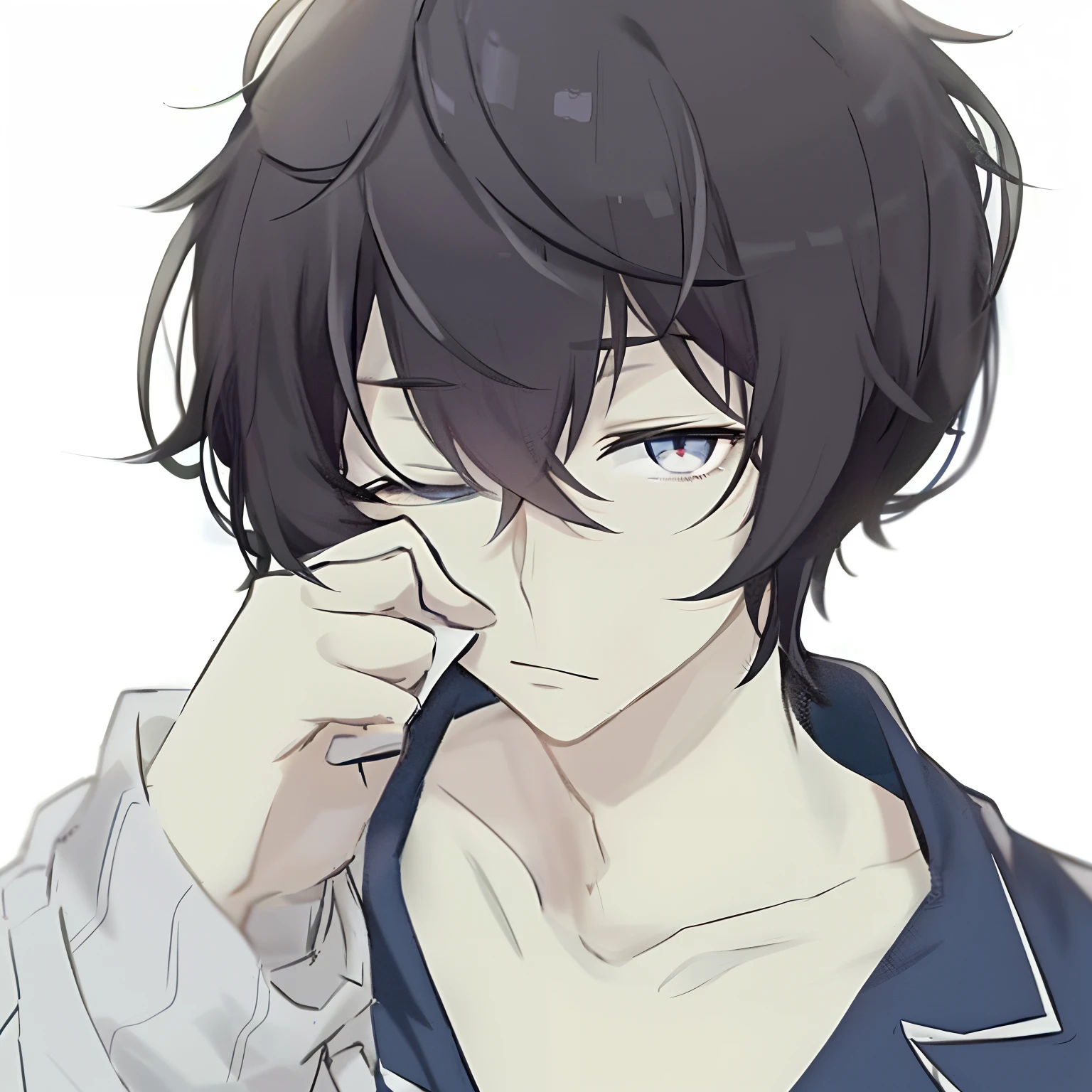Anime boy with black hair and white shirt puts his hands on his face, inspired by Okumura Togyu, inspirado em Okumura Masanobu, Handsome anime pose, Anime handsome man, Anime boy, young anime man, male anime character, Male anime style, Tall anime guy with blue eyes, his eyes are bleeding intense