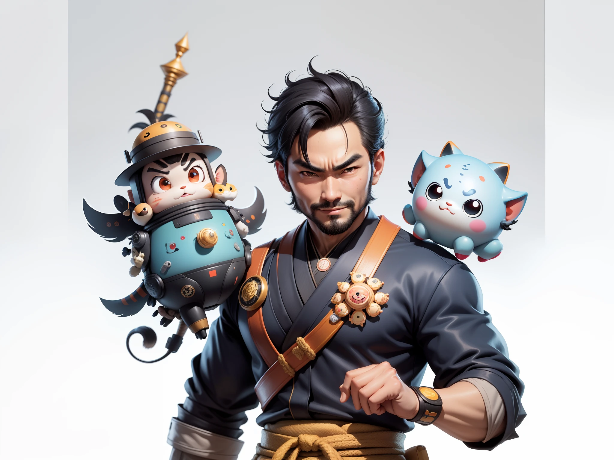 (Daisaku),(Need),(Super meticulous),(full bodyesbian:1.2),Super young man with Japanese geisha,Beautiful,orient,one tiger,Aeolian Thor,Raised sexy,爆乳,Oriental face,TV Anchor,Bust portrait illustration,In black suit,a blue tie,The face is slightly chubby,The face was clean,without a beard,Black super short hair,Black eyes,Smile confidently,3C computer sub-products,iPad, iphone,Digital painting,3D character design by Mark Clairen and Pixar and Hayao Miyazaki and Akira Toriyama,The illustration is a high-definition illustration in 4K resolution,With very detailed facial features and cartoon-style visuals。