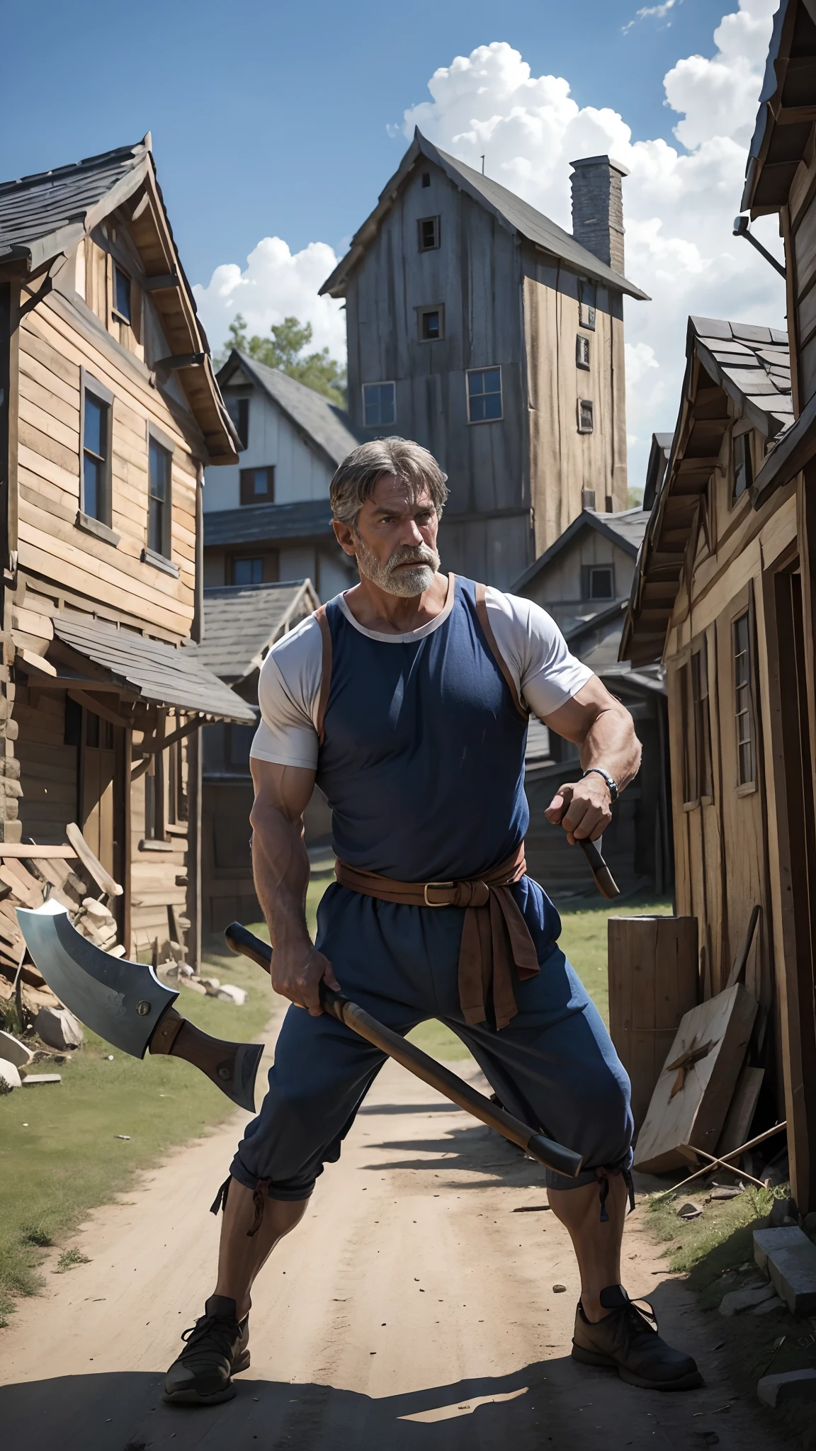 One 50-year-old fit man, dressed as a normal villager, hold an axe, in battle pose, facing sideways, village background, broken houses