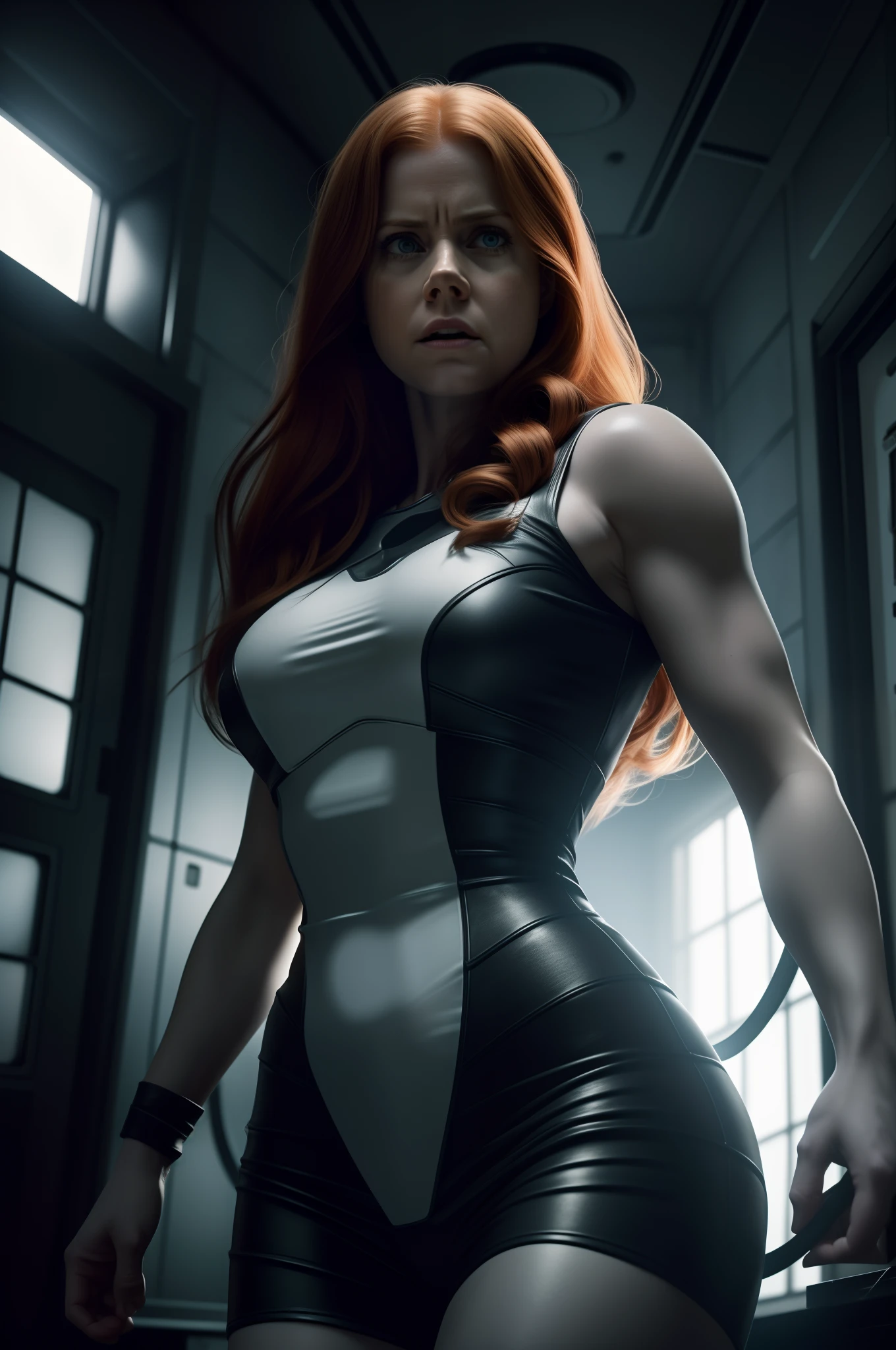 Hot terrified Amy Adams as a Scientist Hiding from deformed twisted scary slayer on Ishimura Horror Space Ship photography, natural light, photorealism, cinematic rendering, ray tracing, the highest quality, the highest detail, Cinematic, Third-Person View, Blur Effect, Long Exposure, 8K, Ultra-HD, Natural Lighting, Moody Lighting, Cinematic Lighting