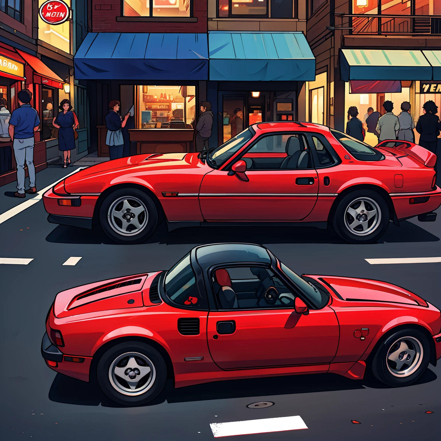 Mazda miata 1995s, such as Pontiac Fiero or Ford Thunderbird, ultra-detailed, best quality, side view, colorful, in busy street of vintage shops and vintage restaurants in the background, perfect illumination and shadow.