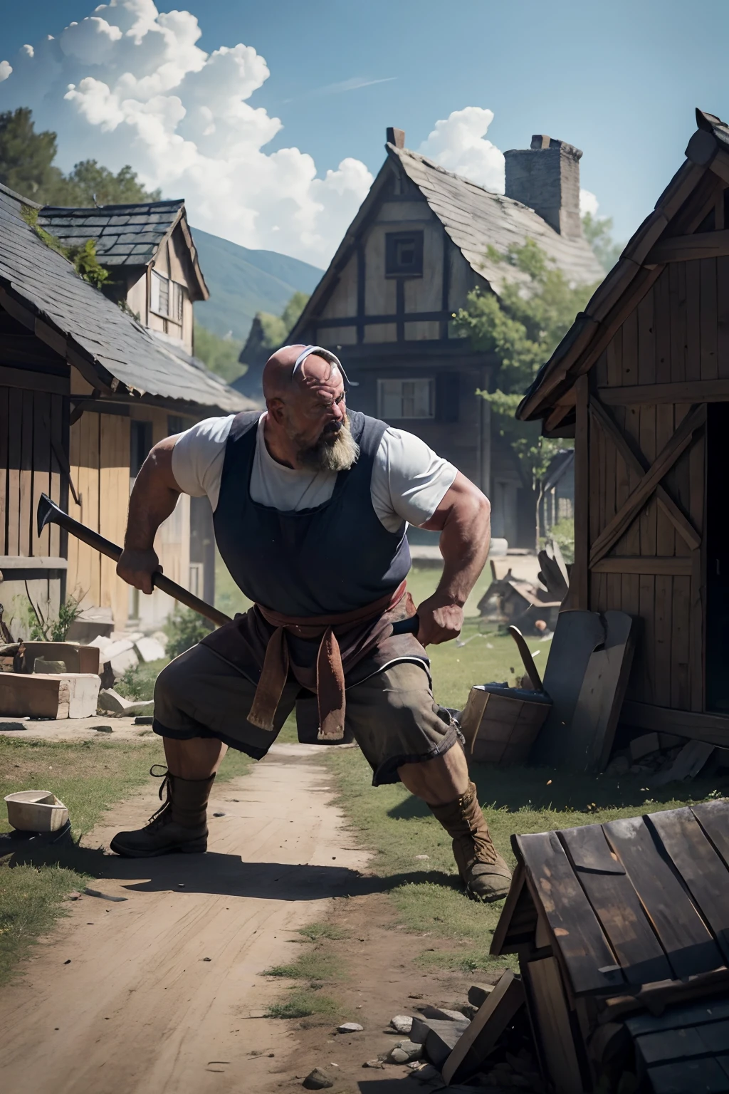 One 50-year-old strong man, dressed as a normal villager, hold an axe, in battle pose, facing sideways, village background, broken houses