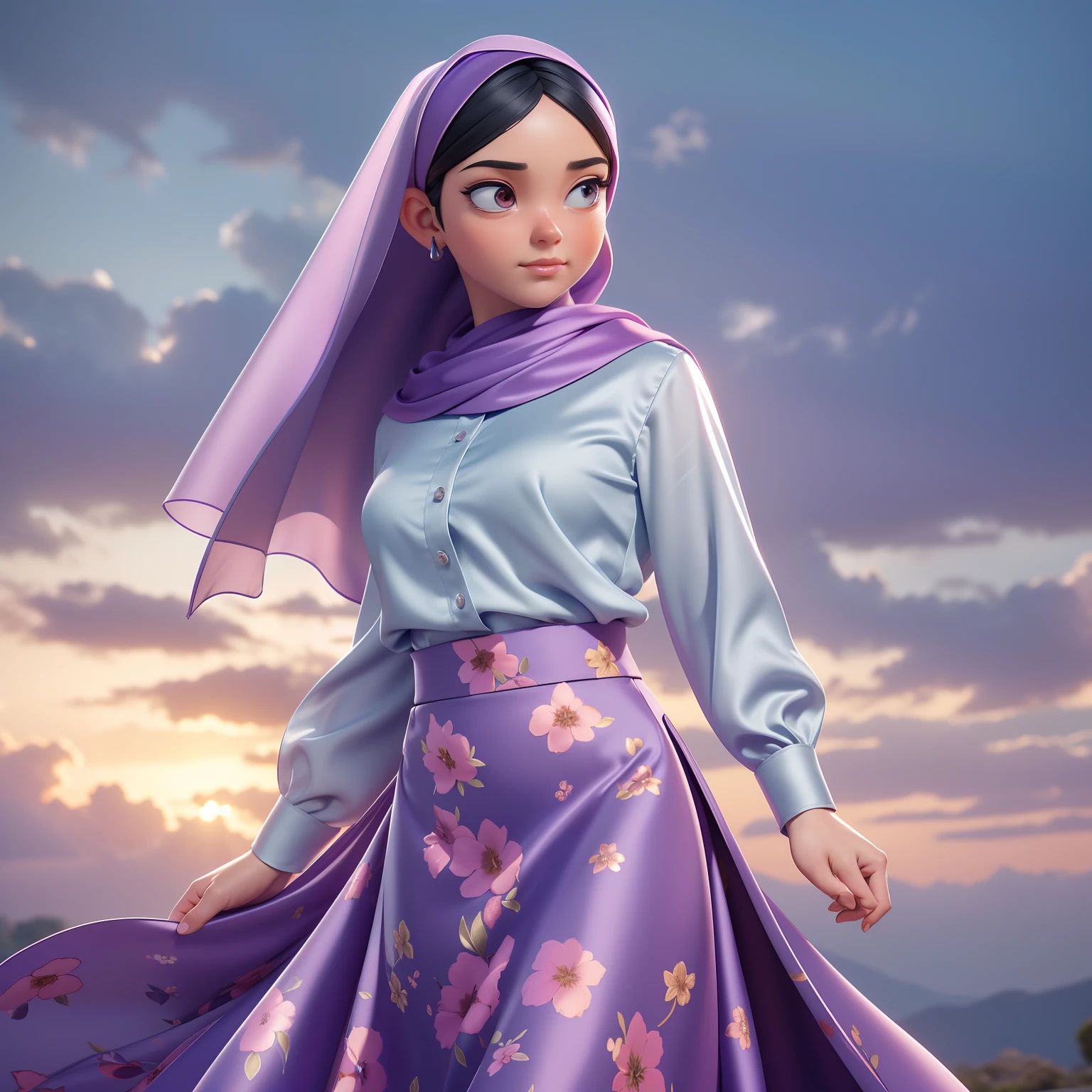 ((Masterpiece, best quality, photography, detailed skin, realistic, photo-realistic, 3D Character Design, pixar, 8k, highly detailed, full length frame, High detail RAW color art, diffused soft lighting, shallow depth of field, sharp focus, hyperrealism, cinematic lighting, close up)); hijab, a woman in a ((purple satin shirt)), ((silver satin hijab)), posing for a picture, wearing floral maxi satin skirt,  sky, cloud, outdoors