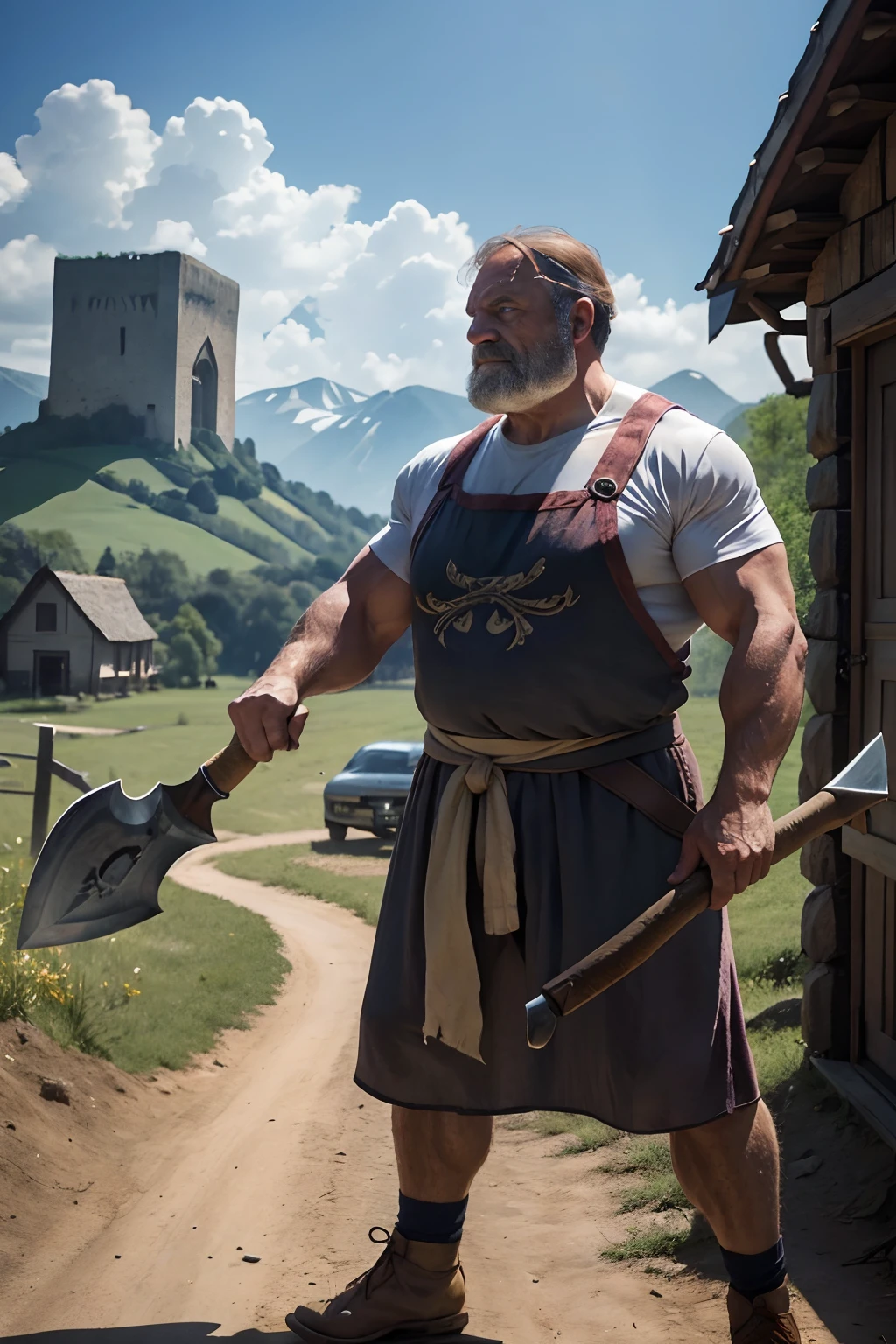 One 50-year-old strong man, dressed as a normal villager, hold an axe, in battle pose, facing sideways, village background