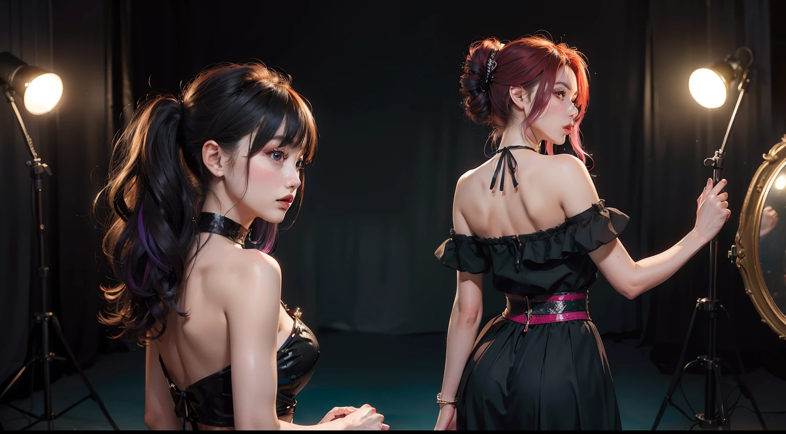 (realisitic,Photorealsitic:1.4),(Behind the scenes of two beauties:1.3),Detailed shiny skin,A detailed eye,Precise hands and fingers,8K HDR, , masterpiece, (Dynamic angle footage),电影灯光, Finely drawn backgrounds,(The dim,dramatic lighting,No sunlight,near the ocean)Beautiful black people,Traditional costume,colourful hair,Neck choker,Vladivostok,tourist destination,Rear view,fascinating butt,waist line,Fluttering skirt