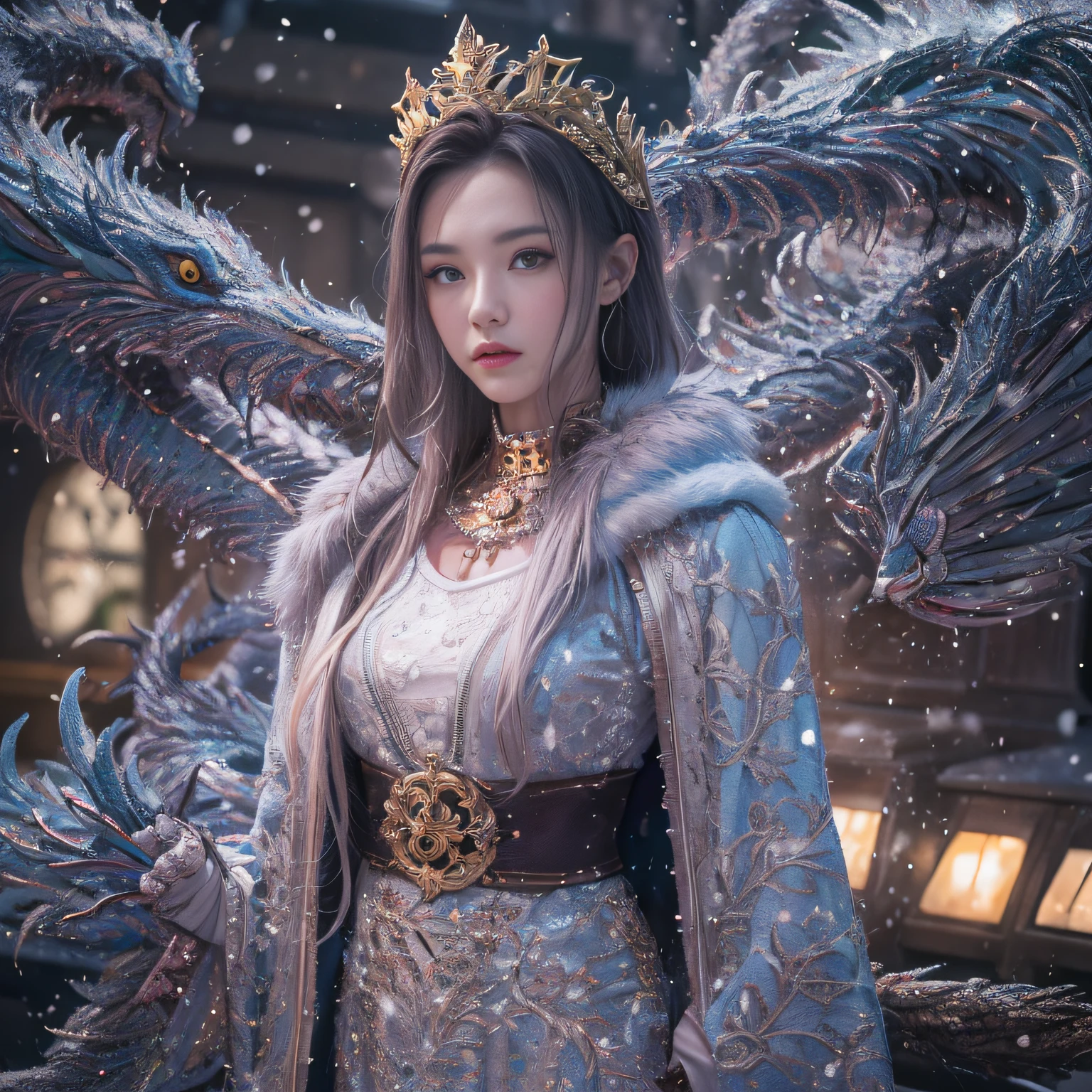 32K,（tmasterpiece，k hd，hyper HD，16k）short detailed hair，Vintage train sleeper area，Snow Circle Woman ，Golden Dragon Protector （realisticlying：1.4），Python robe，Purple apron，Snowflakes fluttering，The background is pure， A high resolution， the detail， RAW photogr， Sharp Re， Nikon D850 Film Stock Photo by Jefferies Lee 4 Kodak Portra 400 Camera F1.6 shots, Rich colors, ultra-realistic vivid textures, Dramatic lighting, Unreal Engine Art Station Trend, cinestir 800，