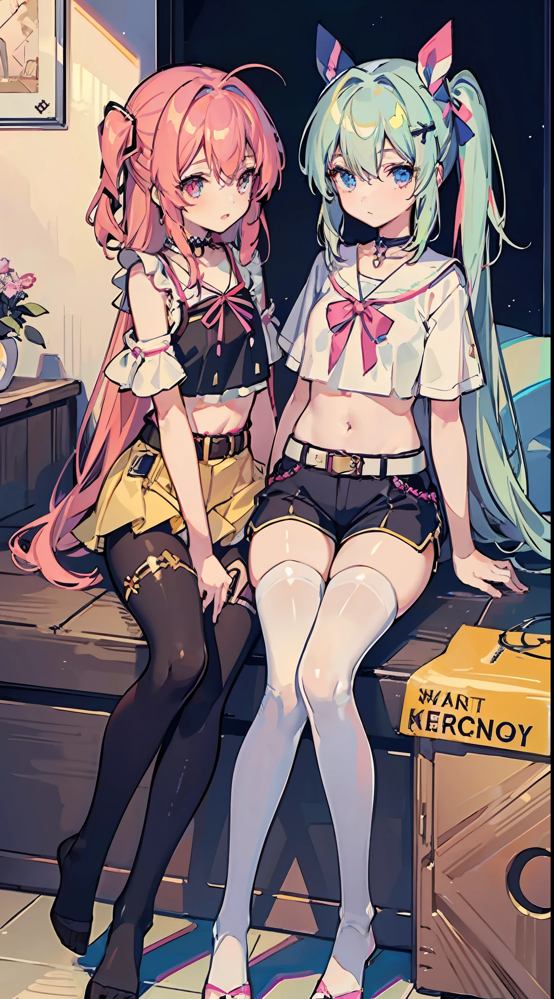 ,twins, Masterpiece,Best quality,offcial art,Extremely detailed Cg Unity 8K wallpaper, 2girls, cute female , Yuri, hair adornments, Short shorts, Crop top, Pantyhose, ribbon_choker necklace, leg belt,
