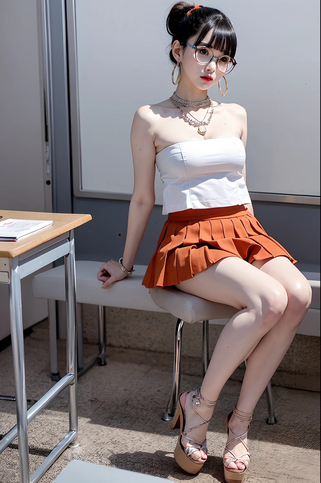 tmasterpiece，Outstanding composition，In the classroom，1 female，Sat down，Platform heeled sandals，The bangs are neat and heavy，Orange low-rise miniskirt，Short ponytail hair，big earrings，Thin chain necklace，Round thin-rimmed glasses. White strapless vest，