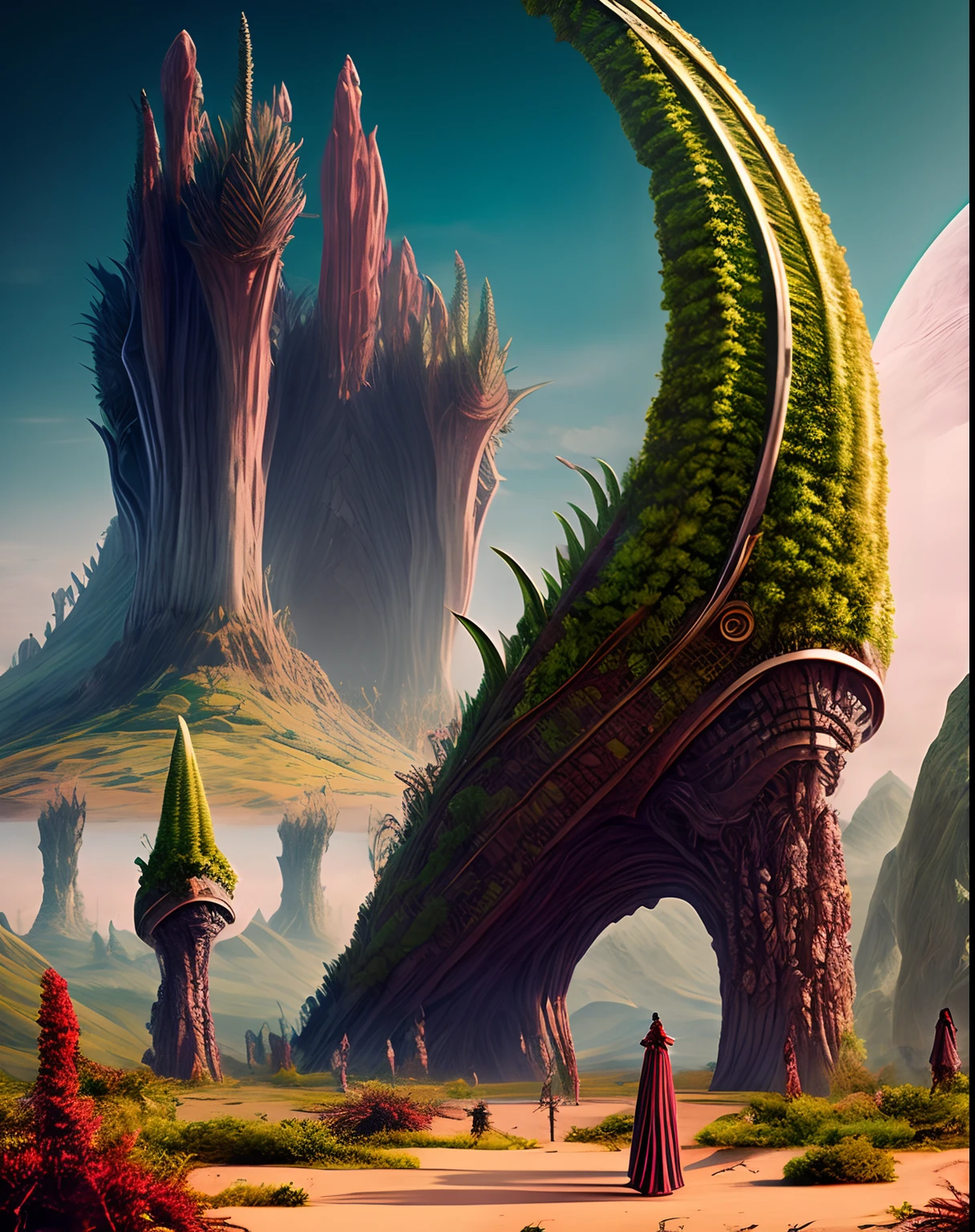 Humans in period costumes，alien worlds，Alien plants，alien monster，an alien landscape