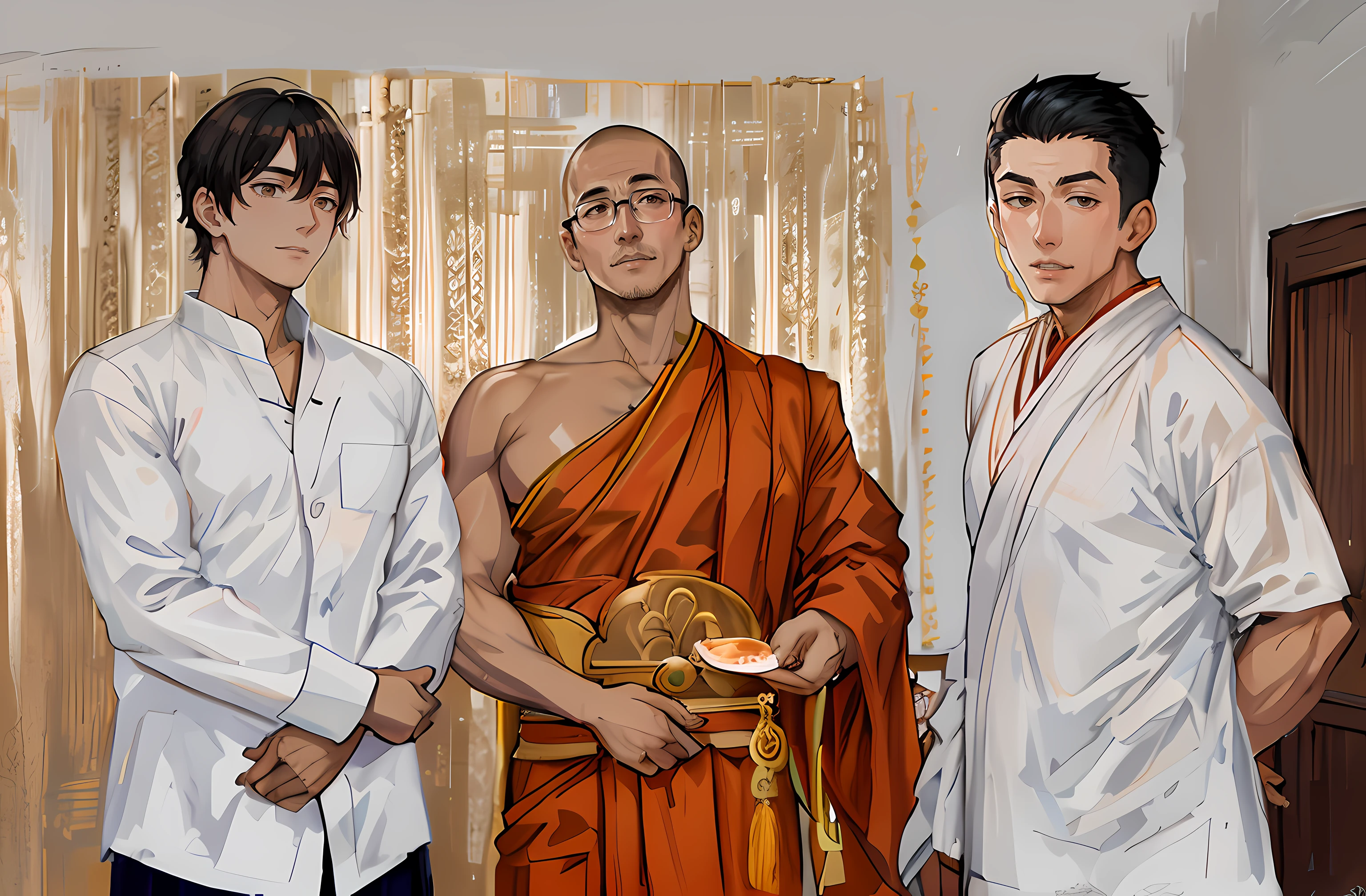 three men standing next to each other in a room, monk clothes, buddhist, wearing brown robes, monks, buddhist monk, buddhism, in style of thawan duchanee, from left, monk's robe, shaved temple, monk, buzzed hair on temple, 21st century monk, full body picture of a male monk, sukhothai costume, a bald, a man on the left is muscle, a man on the right is handsome, hightly detailed background, hightly detailed, Hight quality, xeno detailed