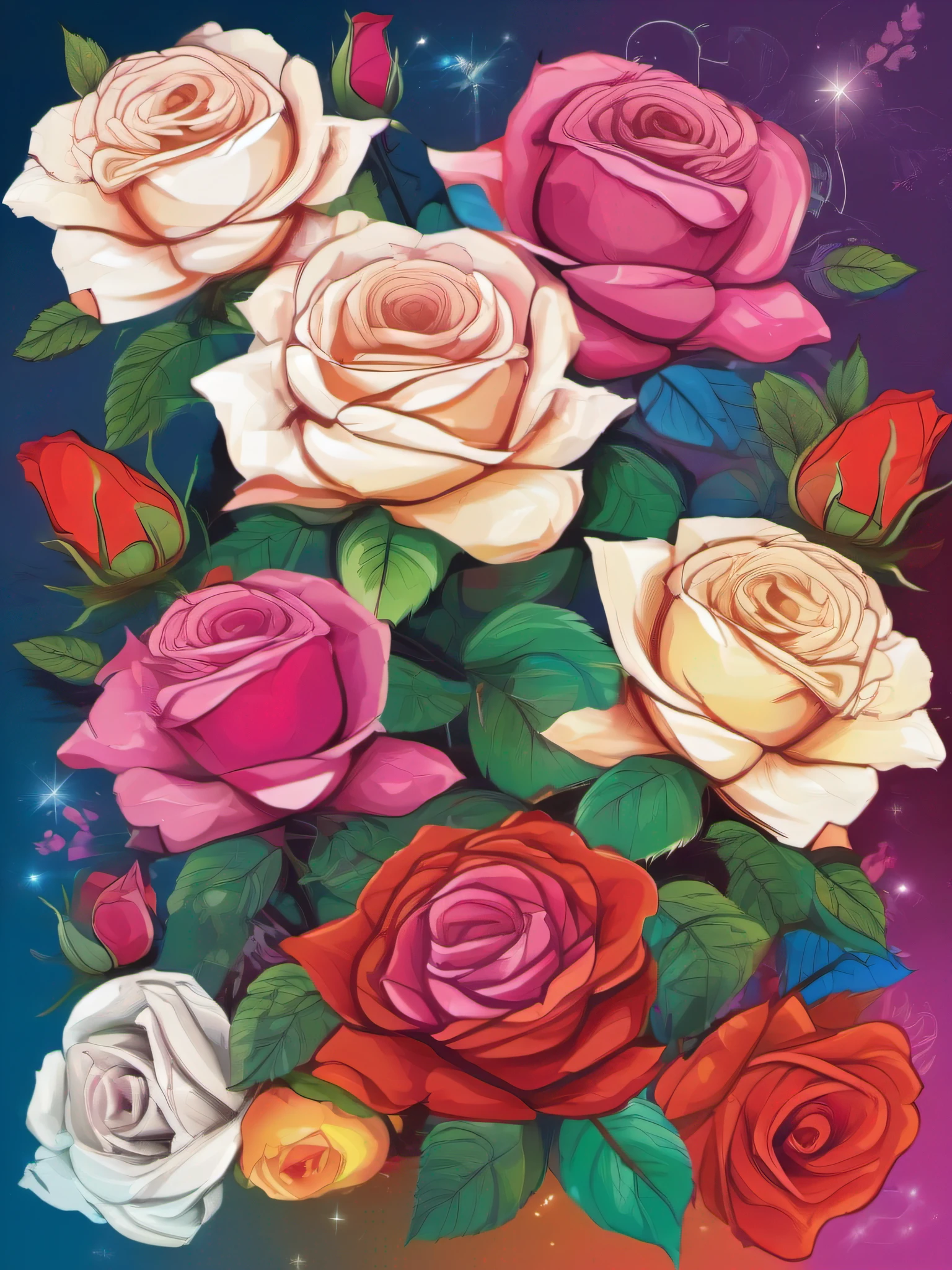 t-shirt print vector image, of several roses of different colors in harmony and color mix, with other smaller flowers around, white background image, vivid colors