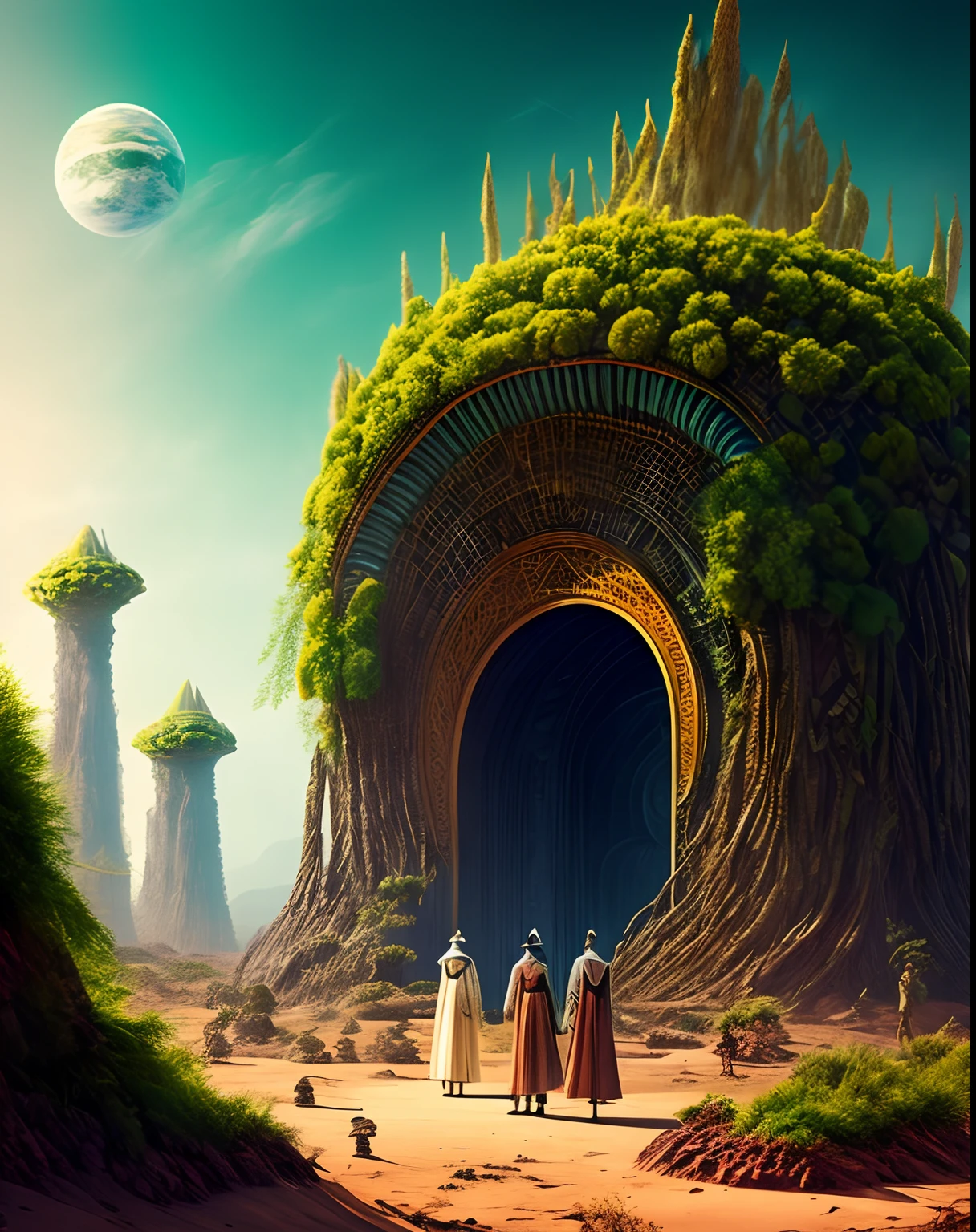 Humans in period costumes,alien worlds,Alien plants,alien monster,an alien landscape