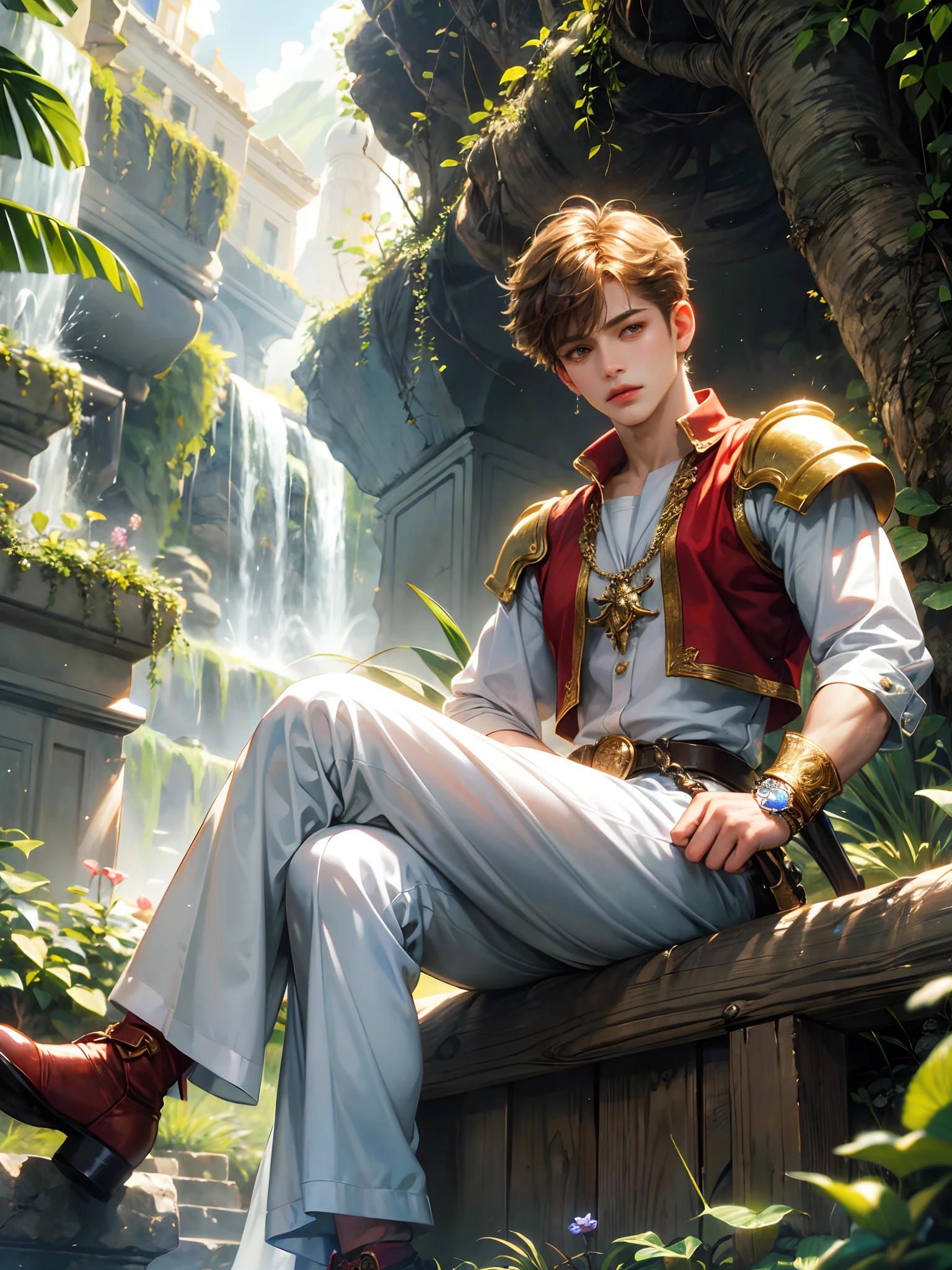 (absurdres, highres, ultra detailed, HDR), masterpiece, best quality, legend of mana character, sword of mana console, portrait of a boy, handsome boy elazul, jumi race, detailed face,  in a legend of mana town, domina, adventurer, handsome adventurer, professional photo, rpg style man detailed torso, sitting comfortably while legs spread, (puffy(from below:1.1)), eyes on viewer,young boy 18 years old, handsome boy, detailed background