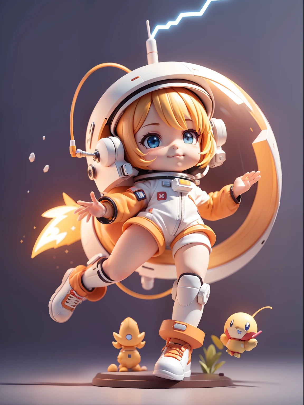 Cute girl ride on spaceship, Smile and cute pose ,Orange and white color, (Cute Astronaut: 1.331), Cute Style, Small, Big Head, 3D Rendering, ((Q Version)), Pokémon style, Machine Style, Cinematic Texture, Figures, Pokémon, Movie Lights, Heavy Robotic Arm, Mechanical Belly, Mechanical Legs, Mechanical Legs, Mechanical Sense,  Spinning, Colorful Lightning, Lightning, Cool, Clean White Background, Ray Tracing, Premium Colors, Full Body 3D Model, Action, Stylish Blind Box Toys. (fill body:1.2)，chibi