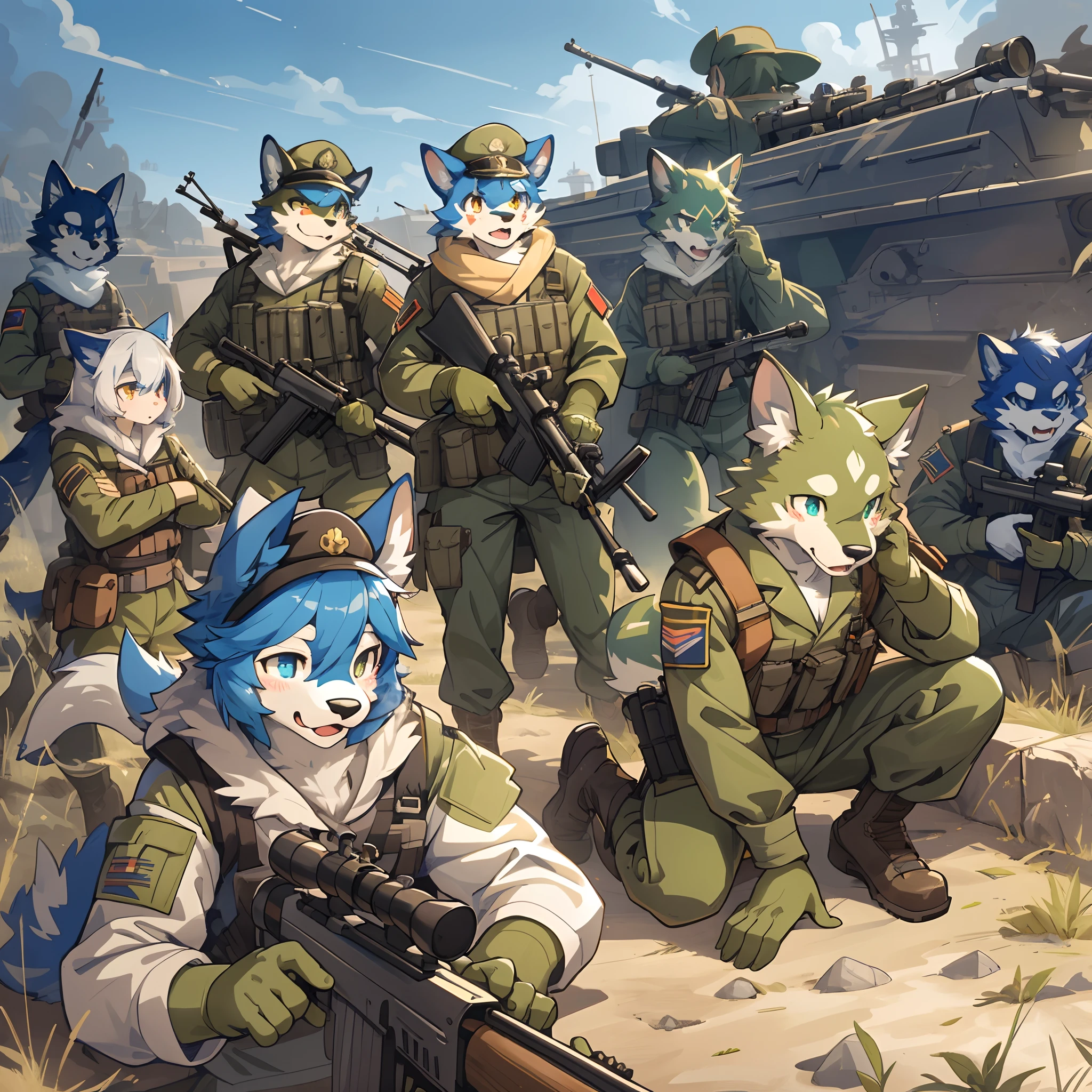 top quality, best quality, High-quality illustrations, masterpiece, super high resolution, detailed background, Military Headquarters, Maritime Self-Defense Force, rifle, sniper, battlefield, 6+boys, 6+girls, absurdres(highly detailed beautiful face and eyes)perfect anatomy, expression, good lighting, cinematic shadow(kemono, furry anthro)assorted poses, dynamic angle,