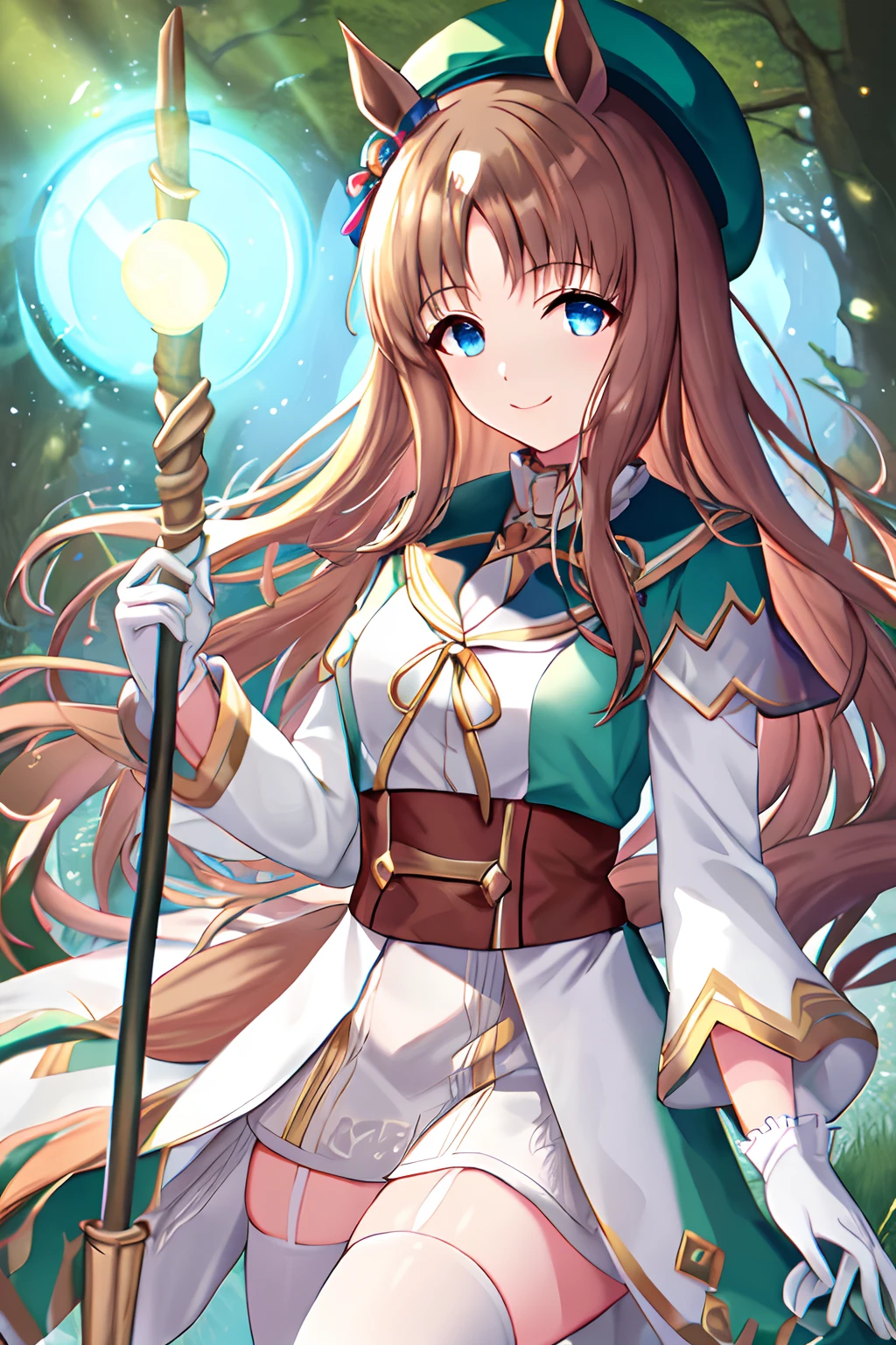 illustration, top quality, beautiful lighting, fine shade; fantasy forest, fine day; beautiful detailed hand, beautiful bodyline; grass wonder \(umamusume\), hat, beret, green headwear, white gloves, white dress, long sleeves, official alternate costume, white thighhighs, holding the fantasy magic staff, white fantasy style robe, calm smile