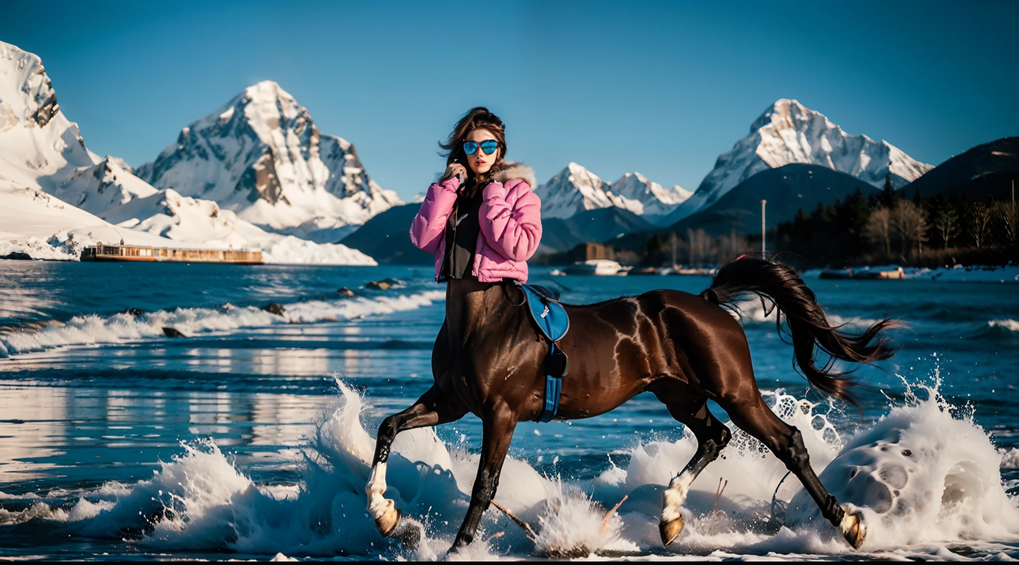 highres, 8k, absurdres, solo, looking at viewer, facing viewer, (nsfw:1.35), (earrings), (blunt bangs:1.2), skiing hat, (black bra:1.75), long hair, black hair, (high ponytail:1.3), (snowboard:1.3),(skiing googles), navel,
Spider_Pig, 1girl, bangs, black hair, snow mountain, (riding on a horse), horse, horse footprints on snow, animal, cloudy_sky, sky, cloud, riding, outdoors, snow, ((medium breasts)), ((beanie heat)),
<lora:Stunning Beauty - 002:0.15>,
<lora:JP_Girl-000011:0.4>,