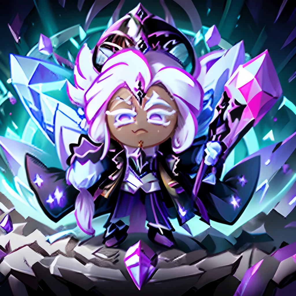 Windwitch Crystal Bell as a Cookie Run Character,(( Solo,1Male)), long white hair , in a Ponytail , purple and White suit with Tailcoat, purple crystals, Evil , sinister,corrupta, ((Masterpiece)),( High Aesthetic), ((highest quality))