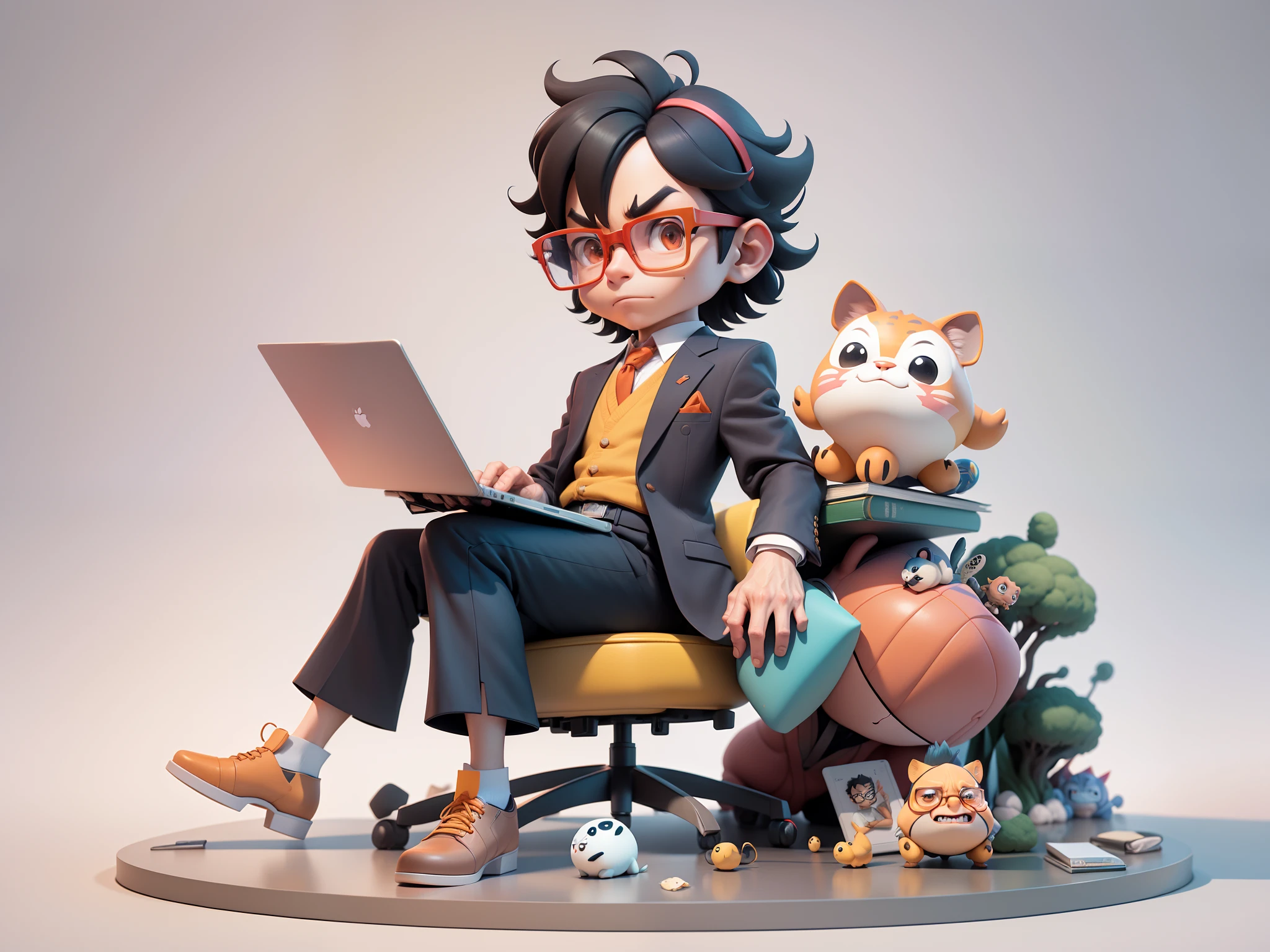 A young man in a suit, Short hair and glasses sat at his desk，holding laptop，digitial painting，tigre，3D character design by Mark Clairen and Pixar and Hayao Miyazaki and Akira Toriyama，4K HD illustration，Very detailed facial features and cartoon-style visuals。