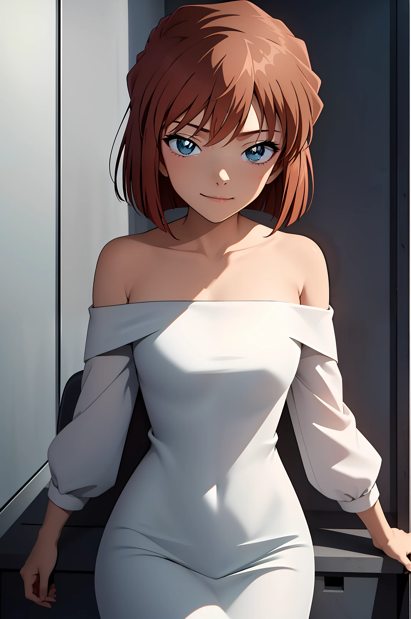 1girll, ((tmasterpiece, best qualityer, 8K)),As you wish,Off-the-shoulder attire,ssmile,Close-up,looks into camera,Be red in the face,Perfect figure,full bodyesbian,Professional Dress,white collar,white shirt,Suits