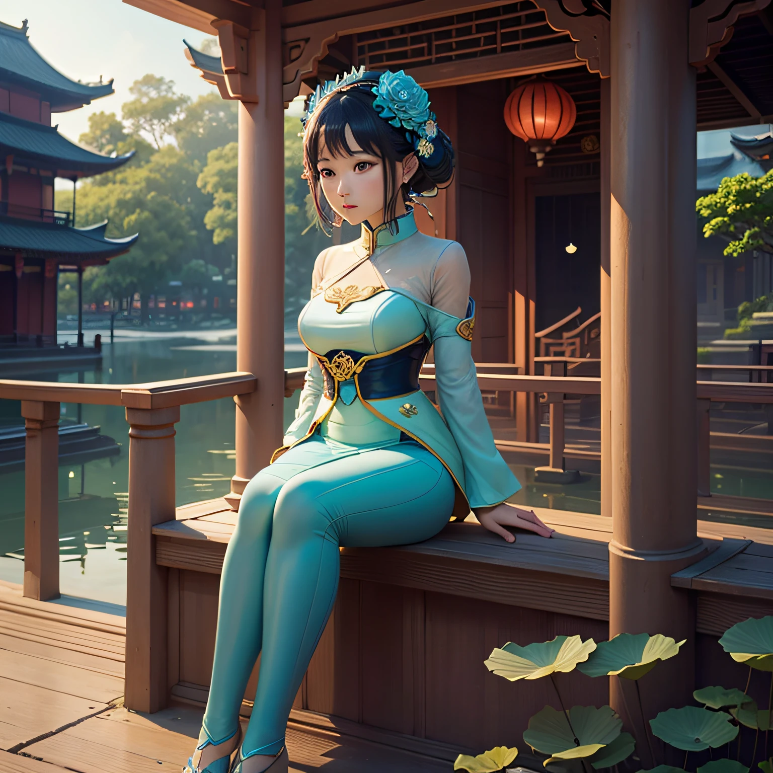 Cyan Tang costume anime woman，Sit by the railing，The river is full of lotus flowers，The lotus leaf shimmers with dewdrops，On the left are two open lotus flowers，On the lower right is the ancient building Red Pavilion，Underwear rain，k hd，8K，Hyper-detailing，Big picture